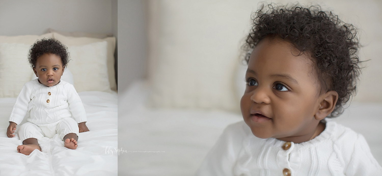  Side by side images of a 6 month old, African American, baby, boy, sitting on a bed while wearing a white bodysuit with brown buttons.  