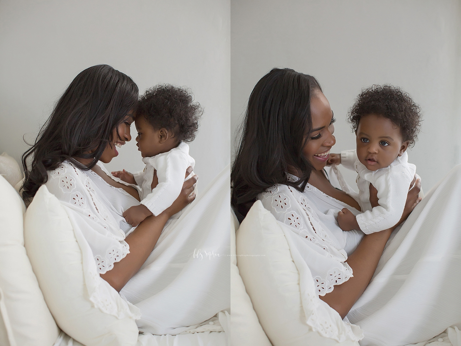  Side by side images of an African American, woman, and her 6 month old son, sitting on a bed and interacting with each other. 
