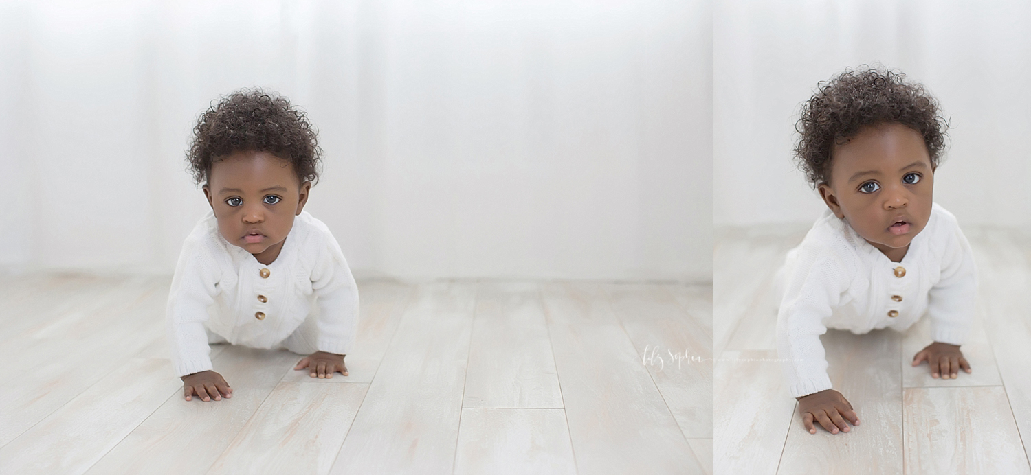  Side by side images of a African American baby, boy, with big brown eyes, crawling on the floor . 