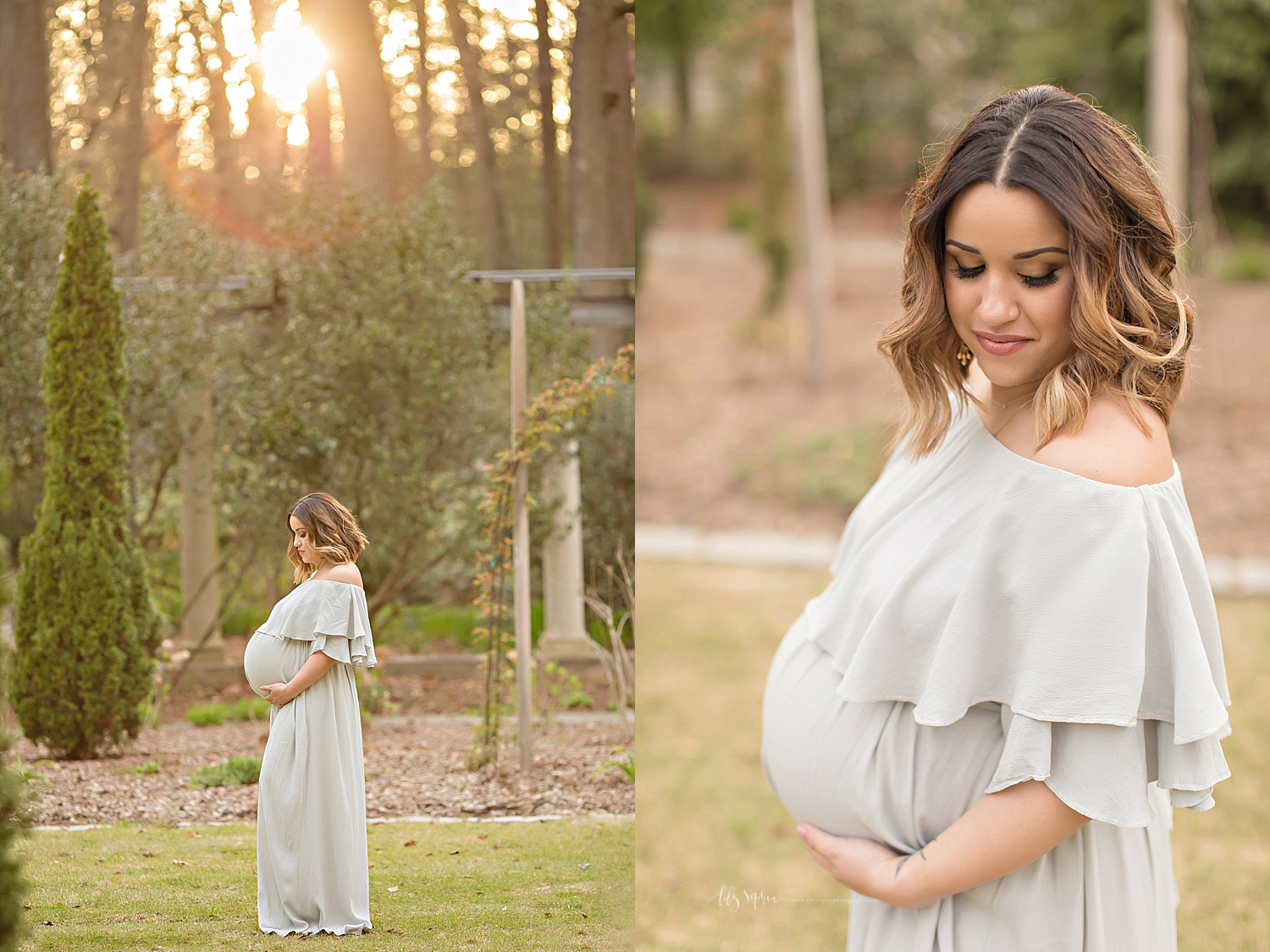  Side by side images of a pregnant woman, wearing a gray, silk, off the shoulder dress, with her hands under her belly.  