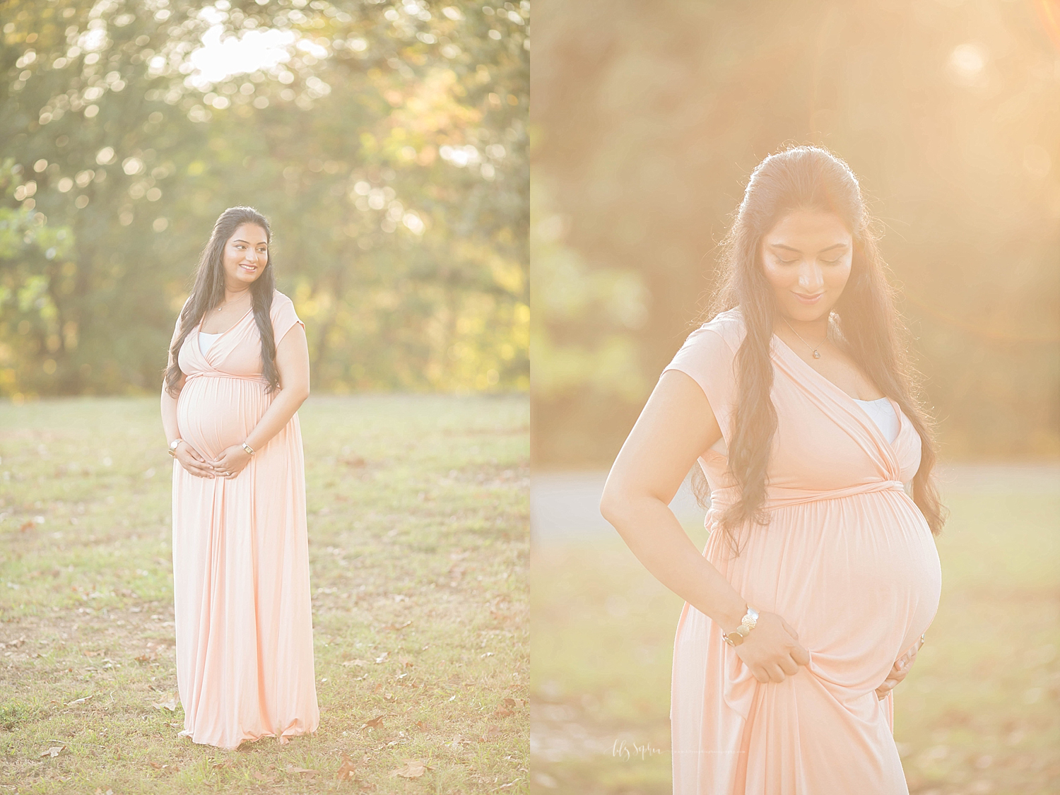 Side by side, back light images, of a pregnant, Indian woman, wearing a light pink, short sleeved, ax dress, standing in a park in Atlanta. 