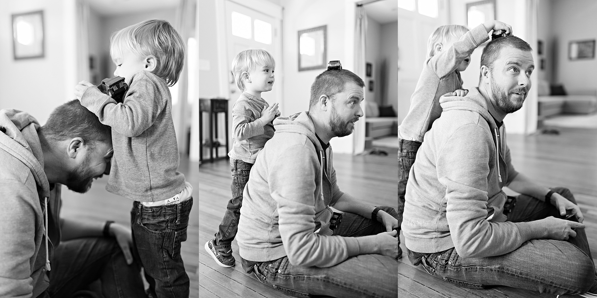  Black and white lifestyle time lapse collage of a toddler boy and his dad as the toddler balances a car on on his dad’s head in their home in Atlanta. 