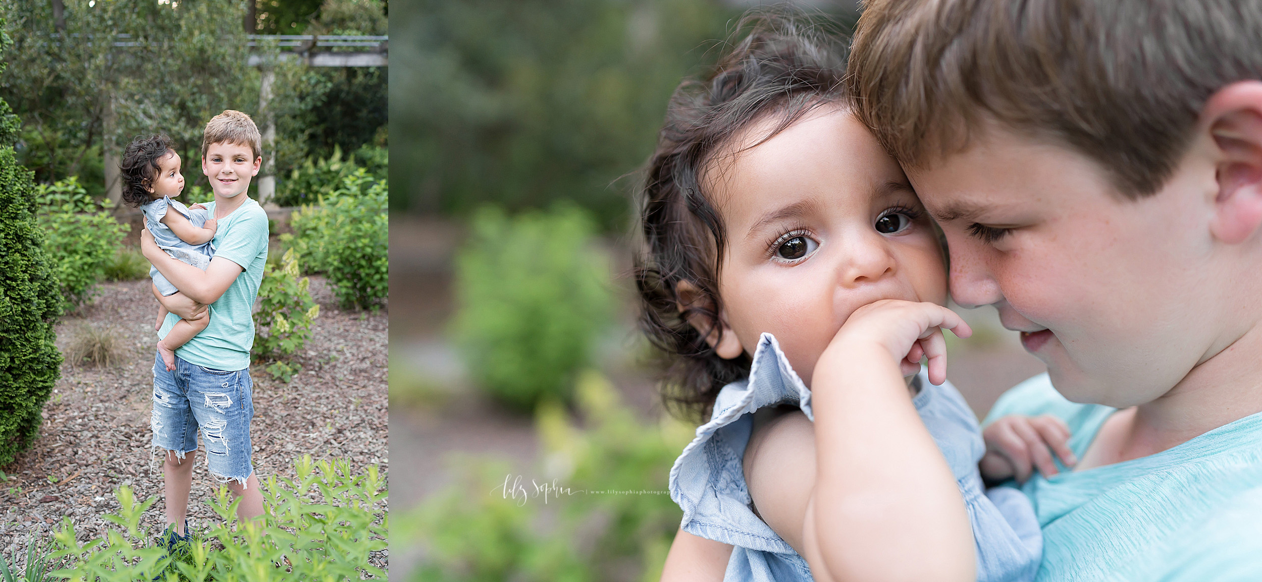  Split image photo of siblings taken by Lily Sophia Photography in an Atlanta garden. The older brother is holding his baby sister as she looks at him. In the second close-up shot, the older brother has his forehead against his baby sister as she put