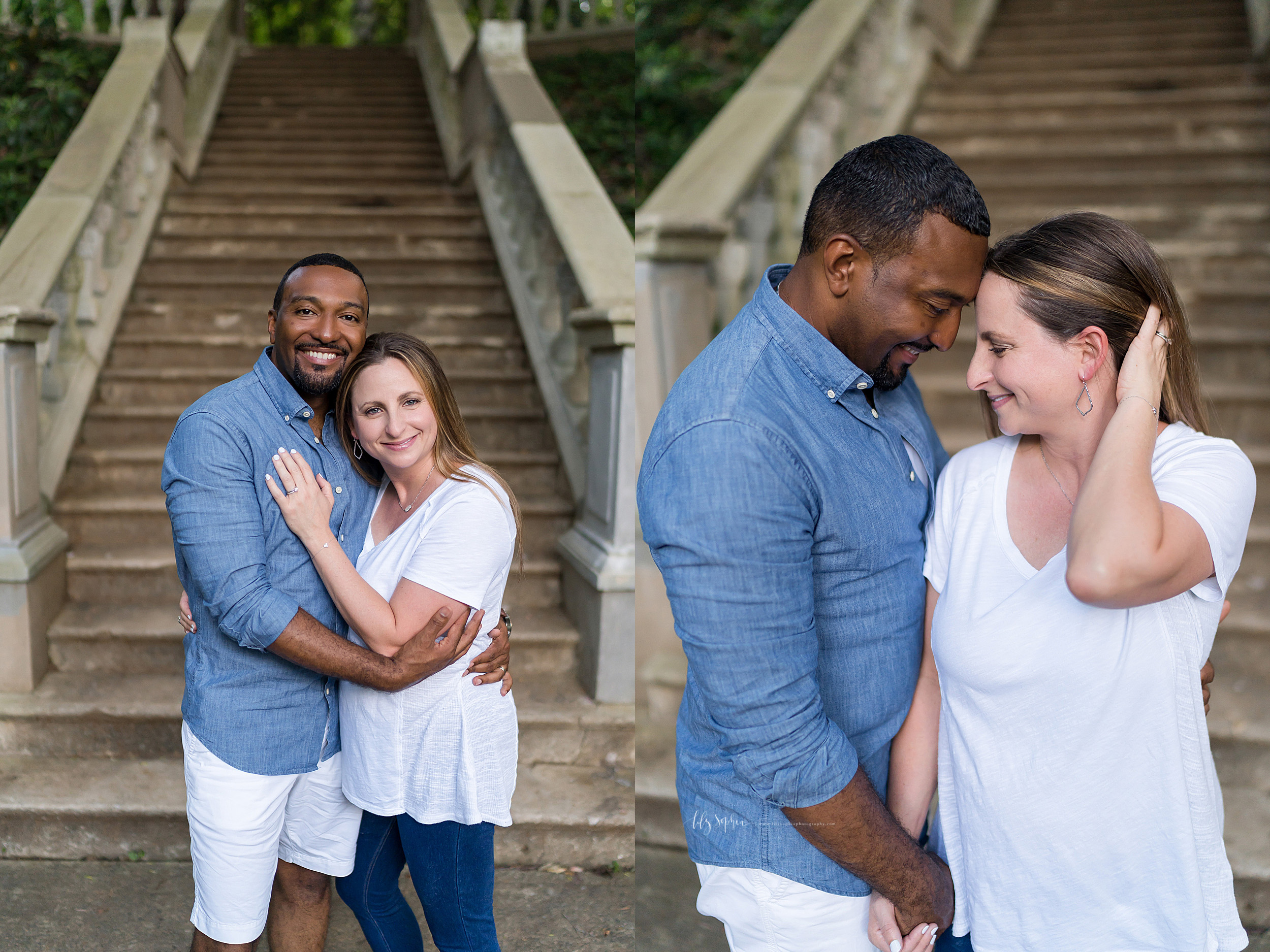  Split image photo of an African-American husband and his caucasian wife in an Atlanta garden. The couple stand at the foot of a stone staircase. The husband is standing to the left of his wife and has his left arm around his wife’s waist and his rig
