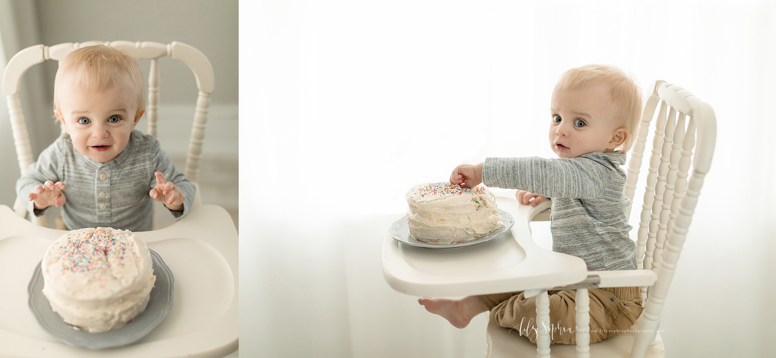  Split image photo of a first birthday boy in a natural light studio in Atlanta with his birthday cake.  The little boy is sitting in an antique high chair He has the cake on the tray.  In one photo you see his excitement as he gets ready to dive in.