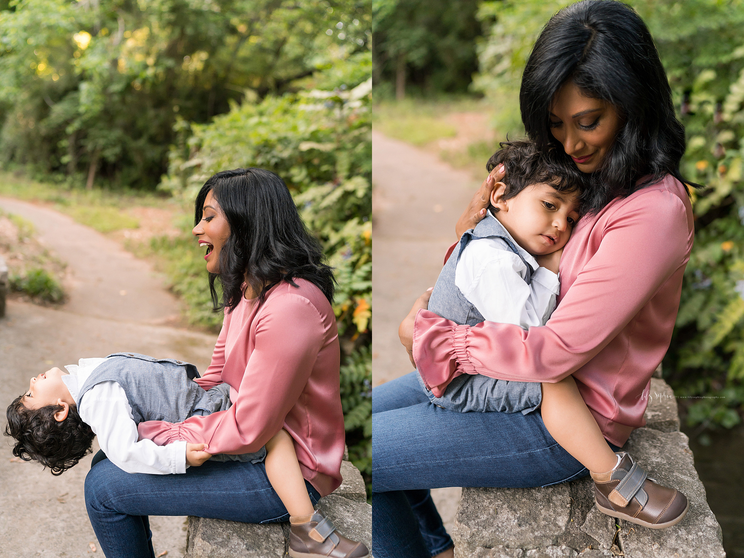  Split image of an Indian mom and her son sitting on a bench in a garden in Atlanta.  In the first image the little boy and mom are playing as the son leans backward on his mom’s lap.  In the second image the little boy is snuggling with his mom as s