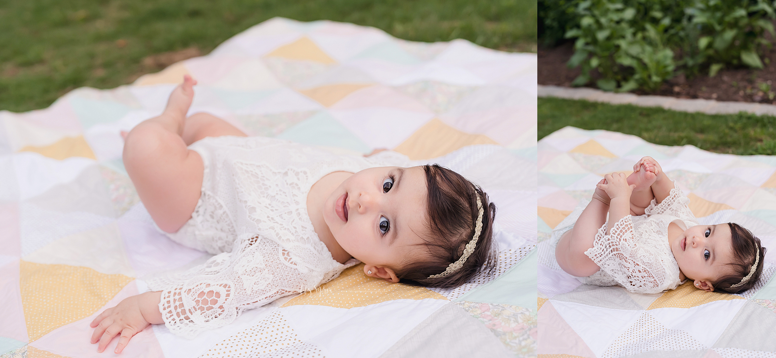  Split photo of a happy eight month old baby girl as she lays on a quilt in a lace overlay onesie and a lace headband and plays with her bare toes at sunset in an Atlanta garden. 