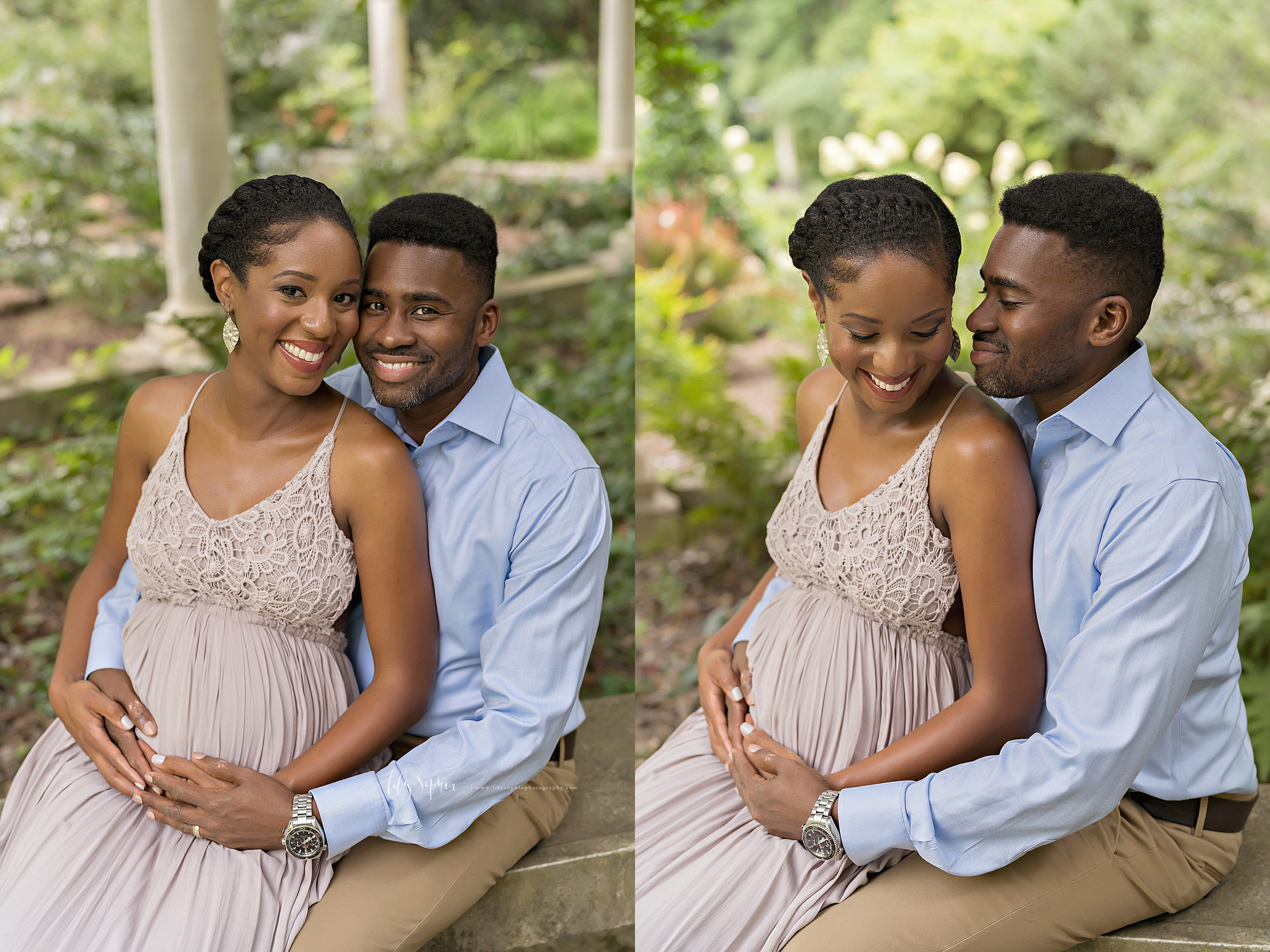  Split image photo of a happy expectant African-American couple as his pregnant wife sits on his lap in an Atlanta garden at sunset. 