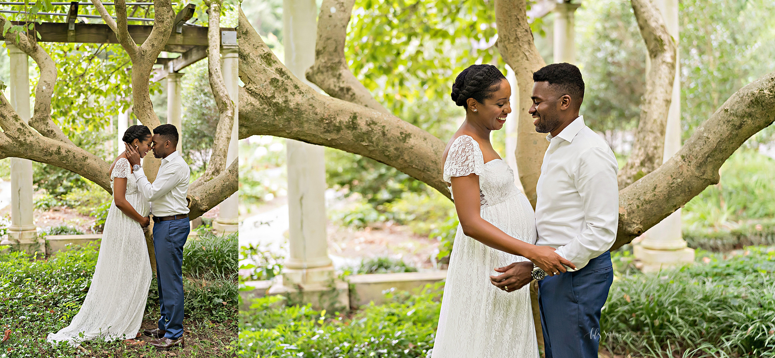  Split image photo of an expectant African-American couple as they stand in front of a tree in a garden in Atlanta, Georgia at sunset. 