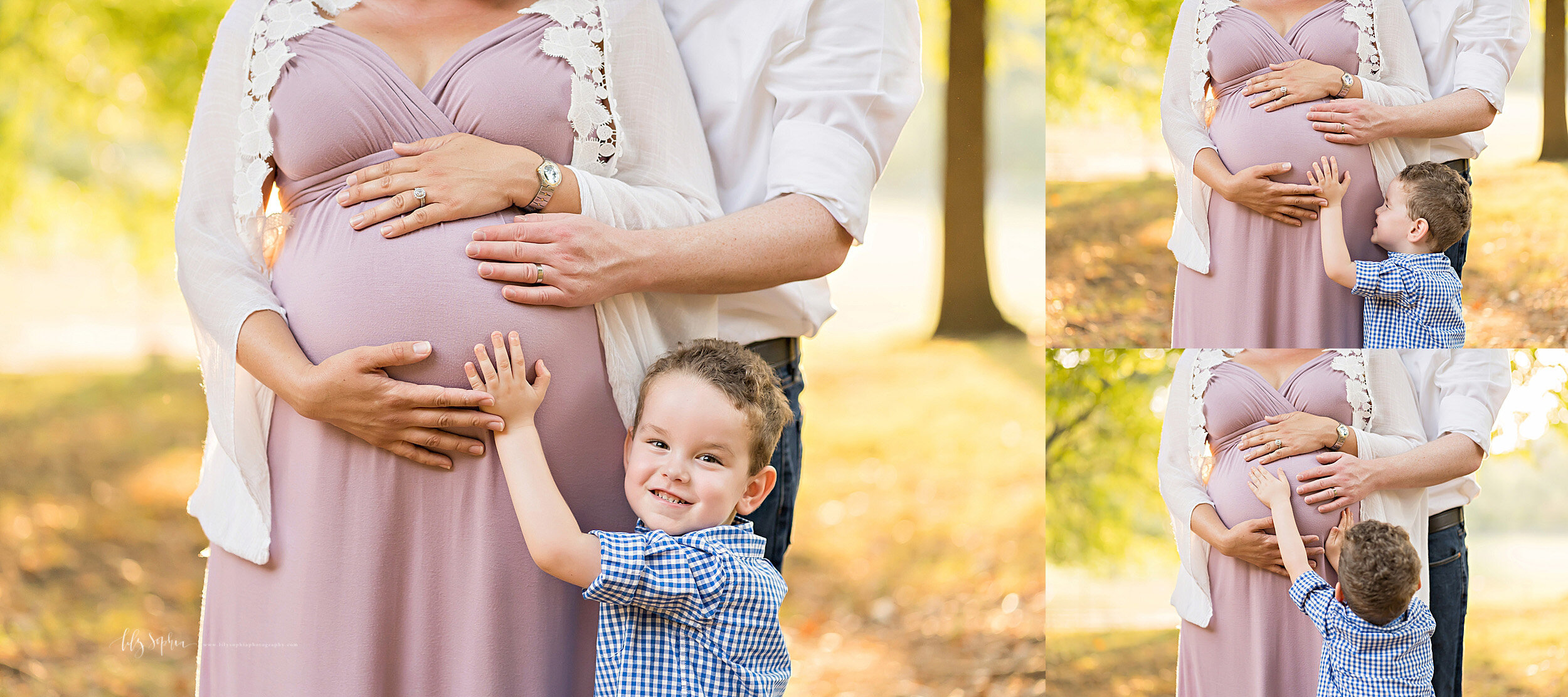  Collage photo of a family of three in an Atlanta park as they caress their infant in the womb and wait expectantly for the arrival of their child taken in natural light at sunset. 