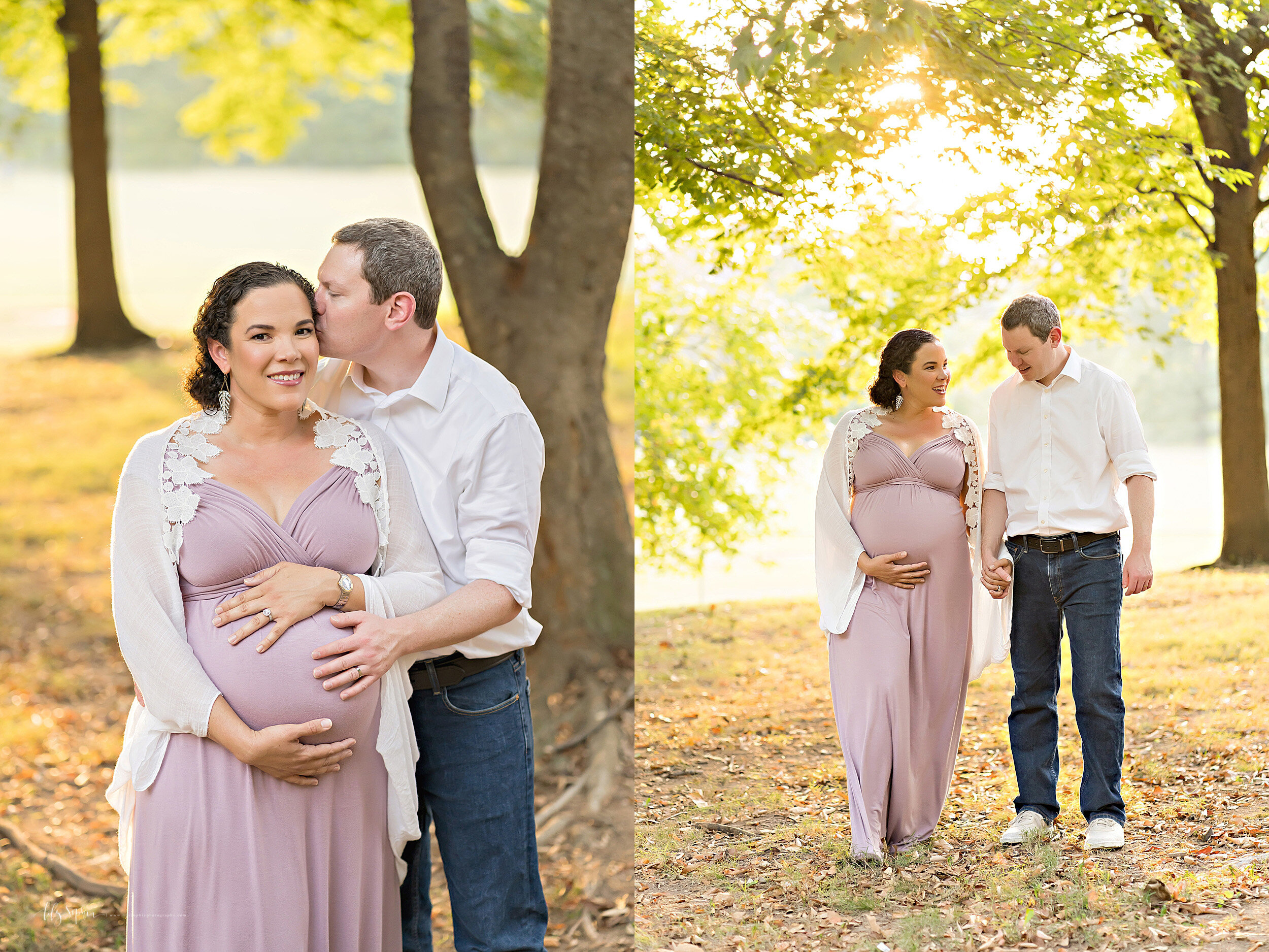  Split-image photo of a husband and wife in an Atlanta park as they hold their hands on their infant in utero and dad kisses the side of his wife’s head and the two of them walk together hand and hand talking taken in natural light as the sun sets. 