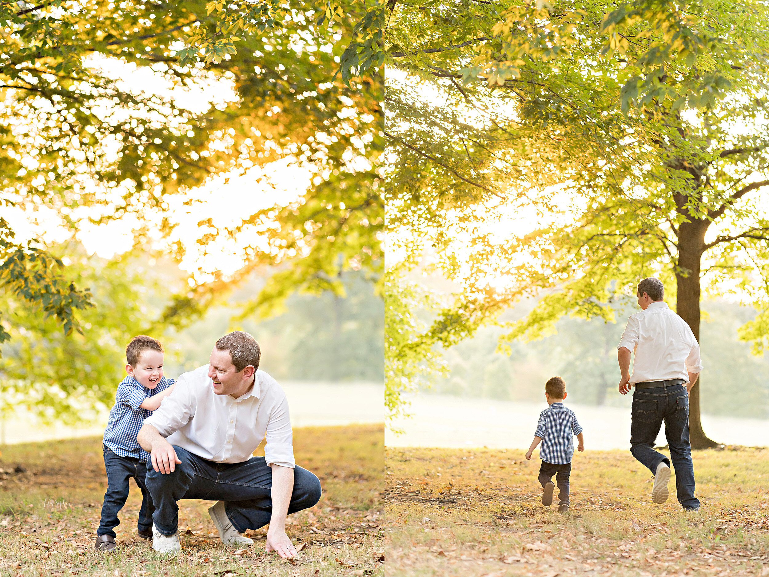  Collage photo of a father and son playing beside a lake in an Atlanta park at sunset. 
