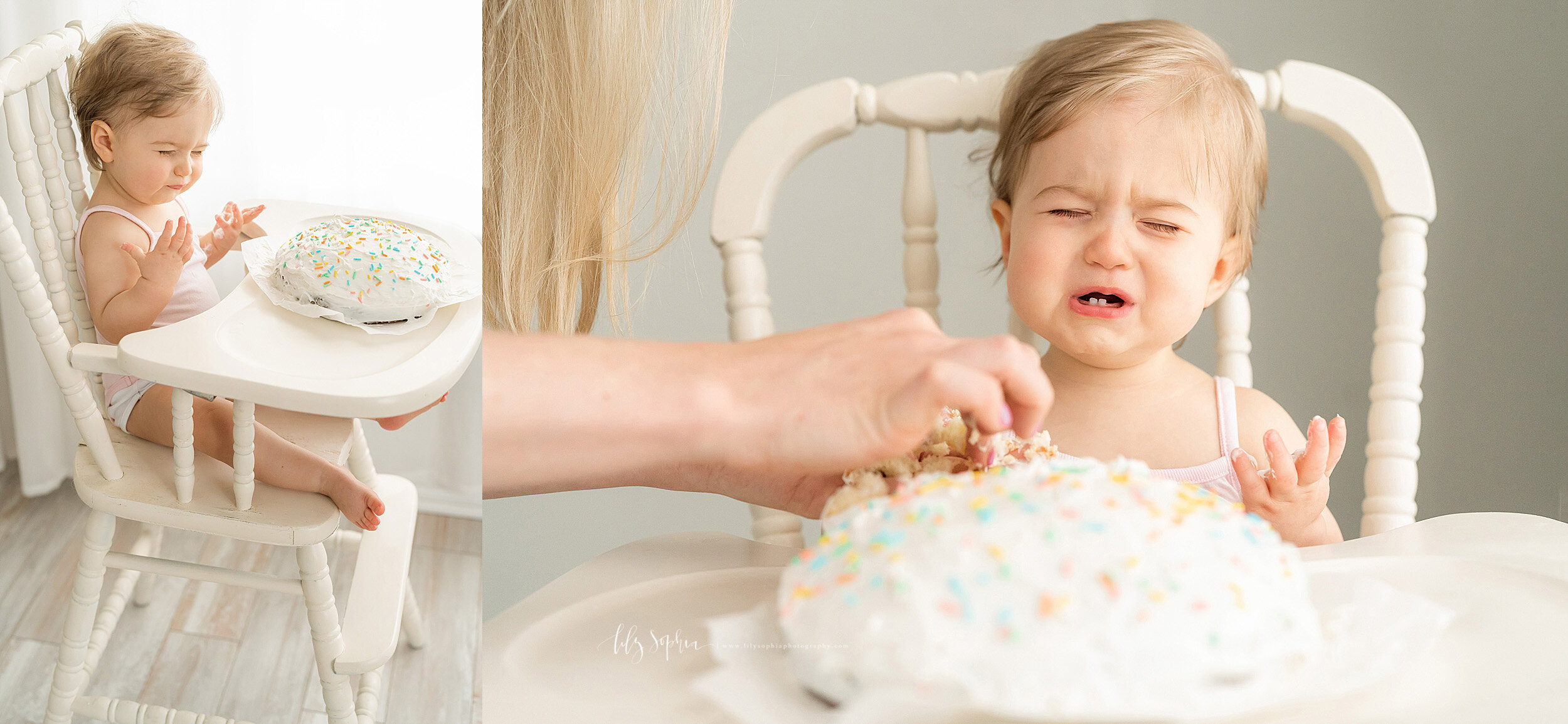 Split image photo of an unsure one year old as she sits in an antique highchair with her smash cake on the tray and of her mom trying to coax her to taste the cake taken in a natural light studio in the Inman Park area of Atlanta.  