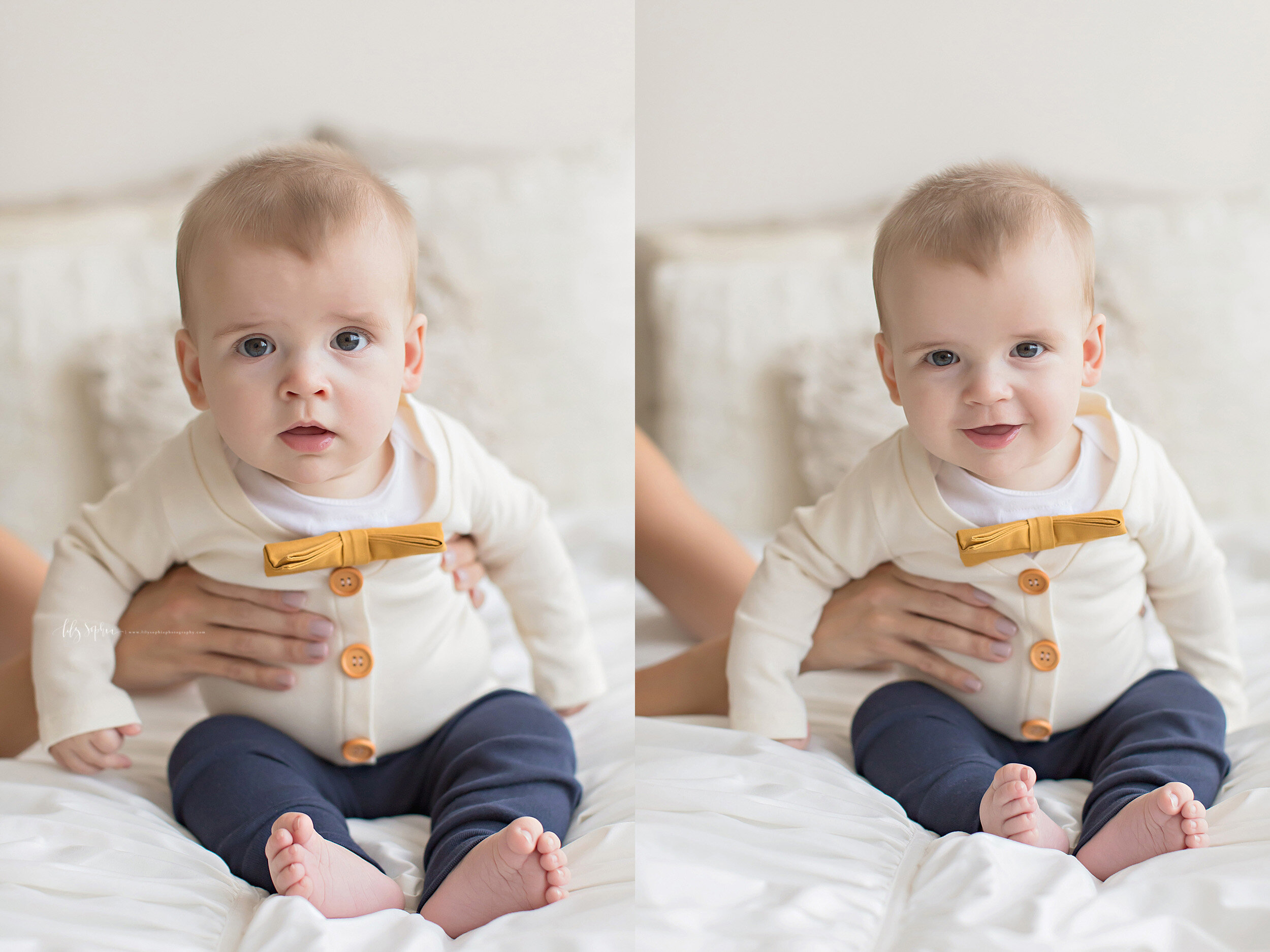  Split-image photo of a five month old baby boy as he sits up with assistance on a bed in a natural light studio in the Brookhaven area of Atlanta, Georgia. 
