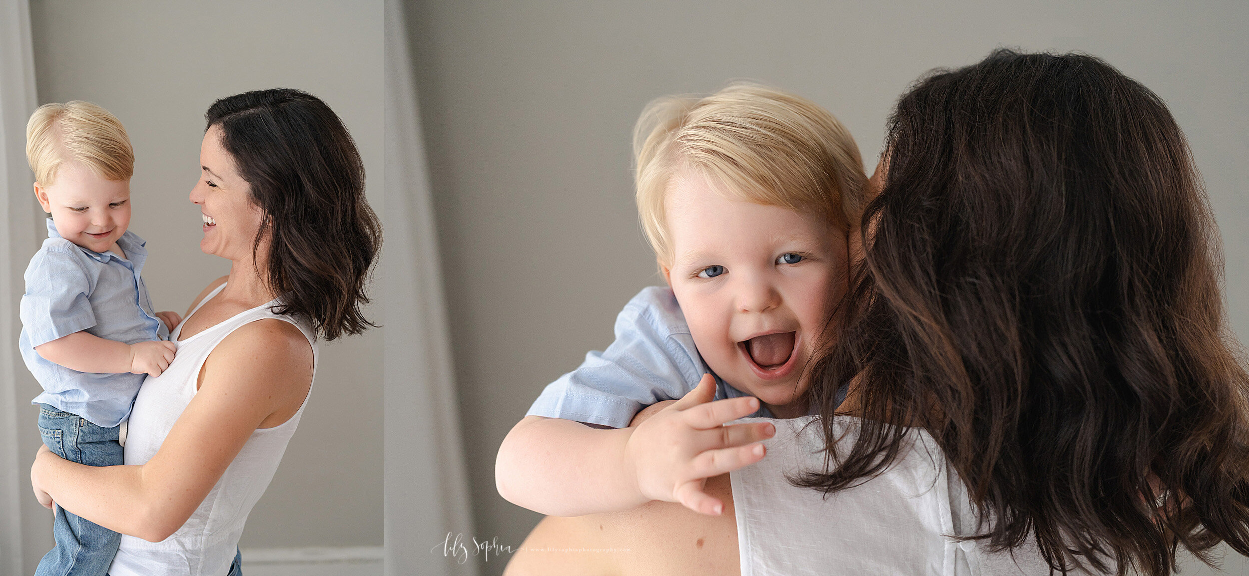  Collage photo of a happy mom and her two year old son as she stands holding her son in her arms in a Poncey Highlands natural light studio in Atlanta. 