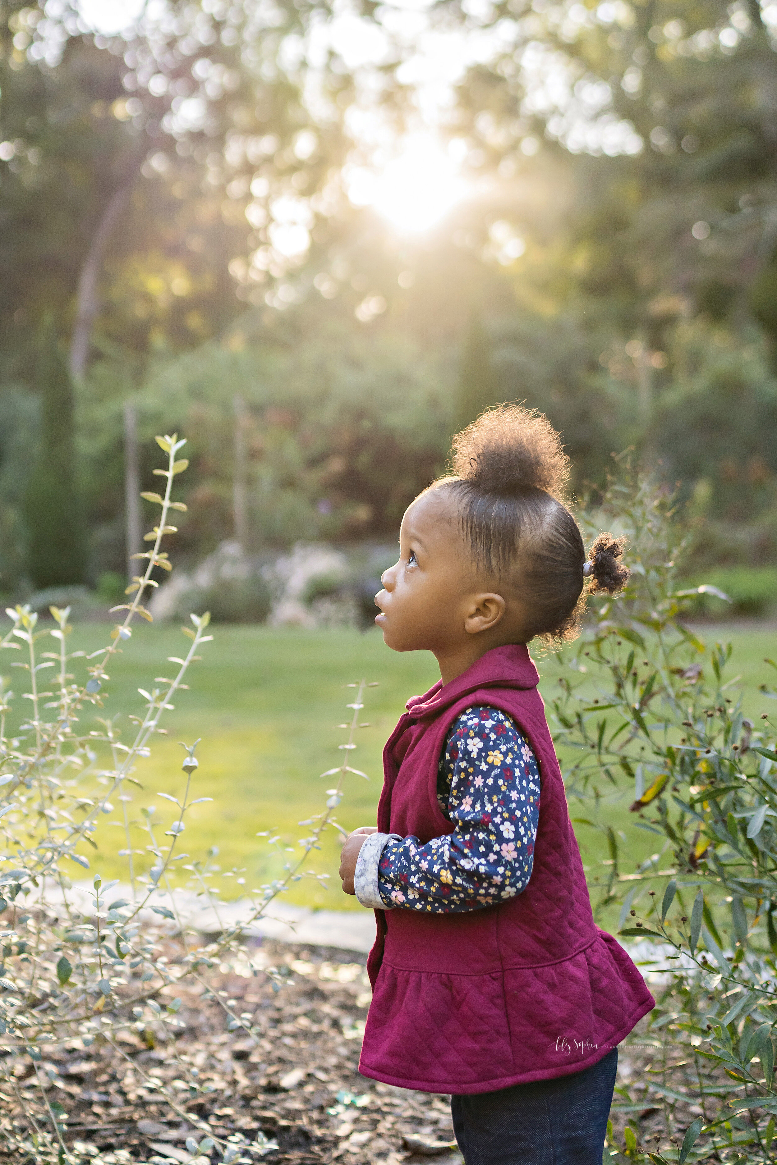  Photograph of a pensive African-American toddler girl as she stands at sunset in a garden near Atlanta. 