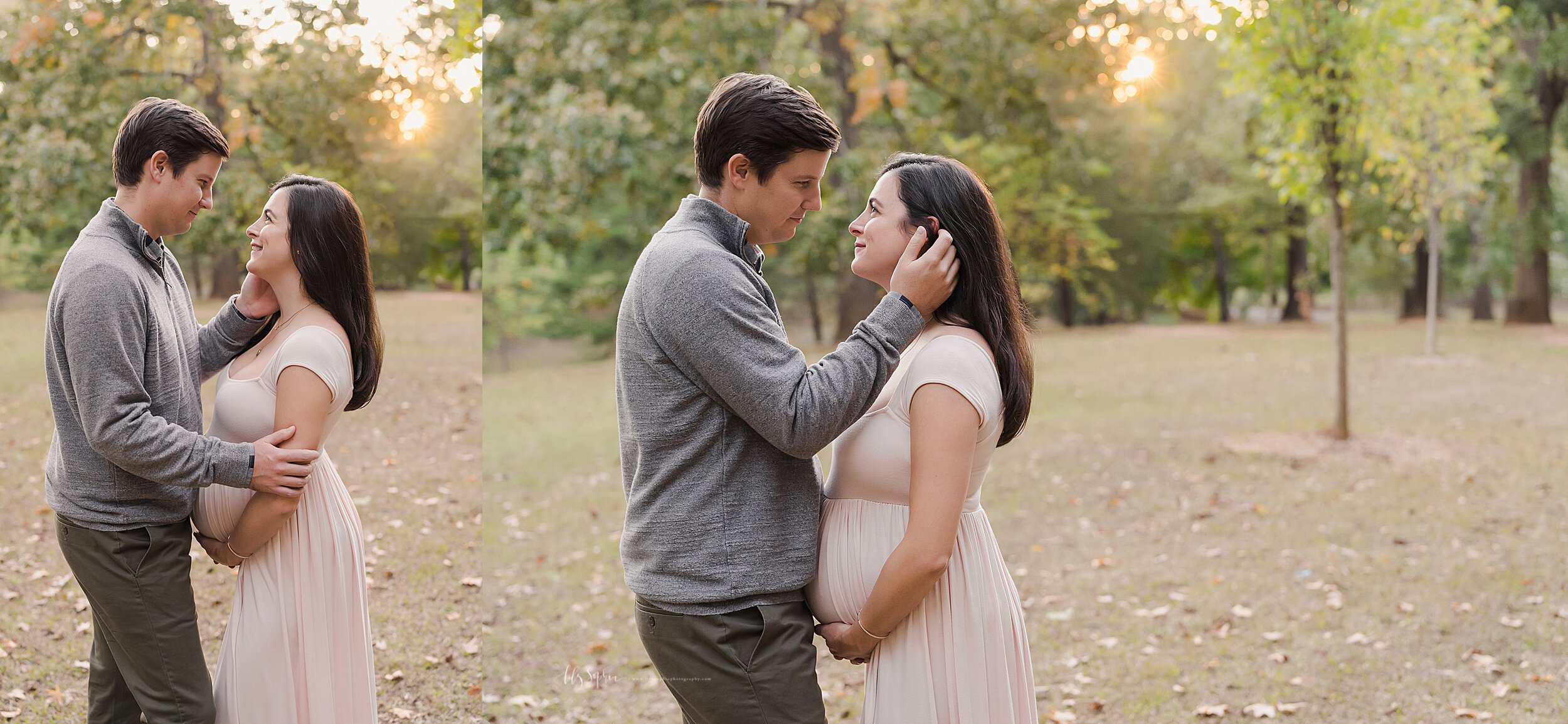  Split image photograph of a husband and wife as they stand in a park in Atlanta with the love that they have for each other being captured while they await the birth of their child. 