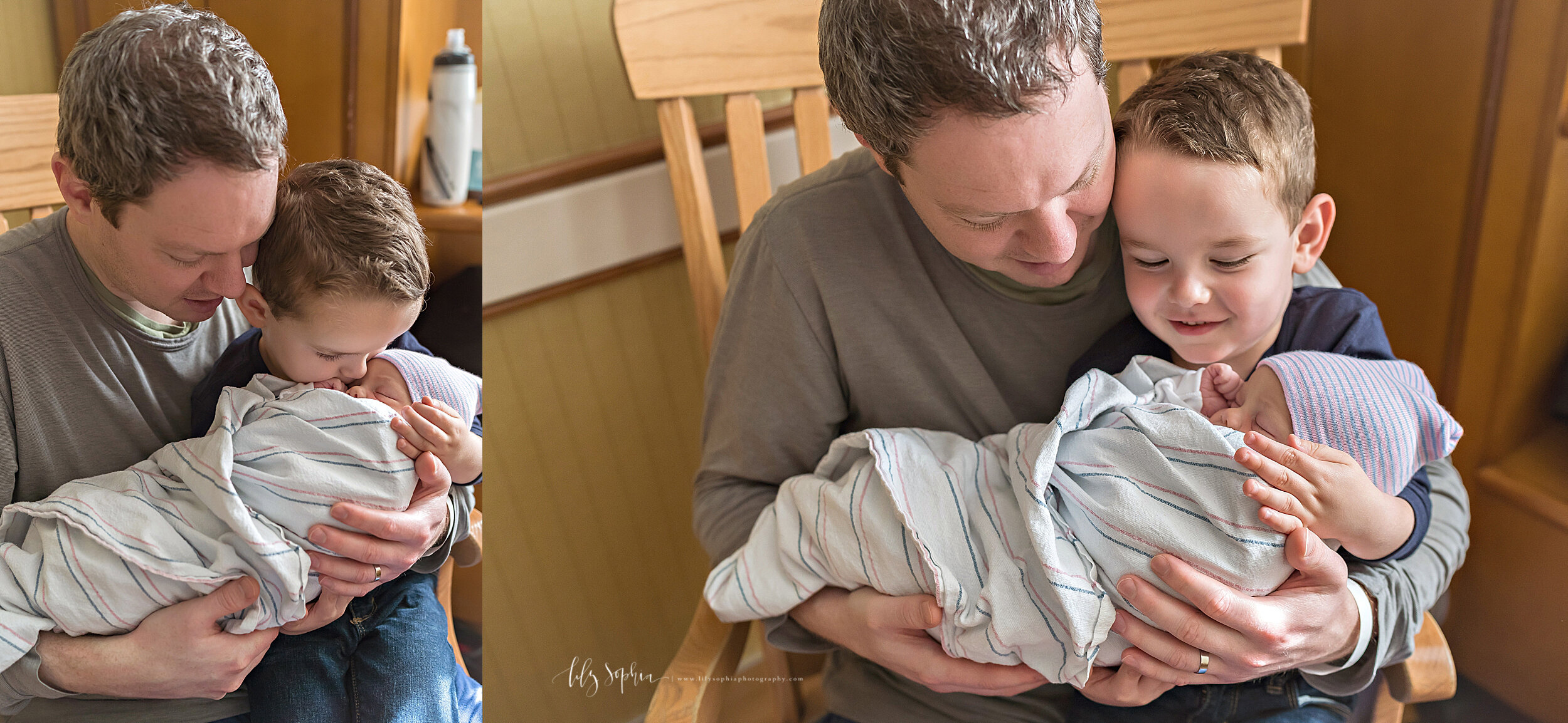  Split image newborn photo of dad and his son as his son holds her sister for the first time and gives her a kiss while in the hospital in Atlanta in natural light. 