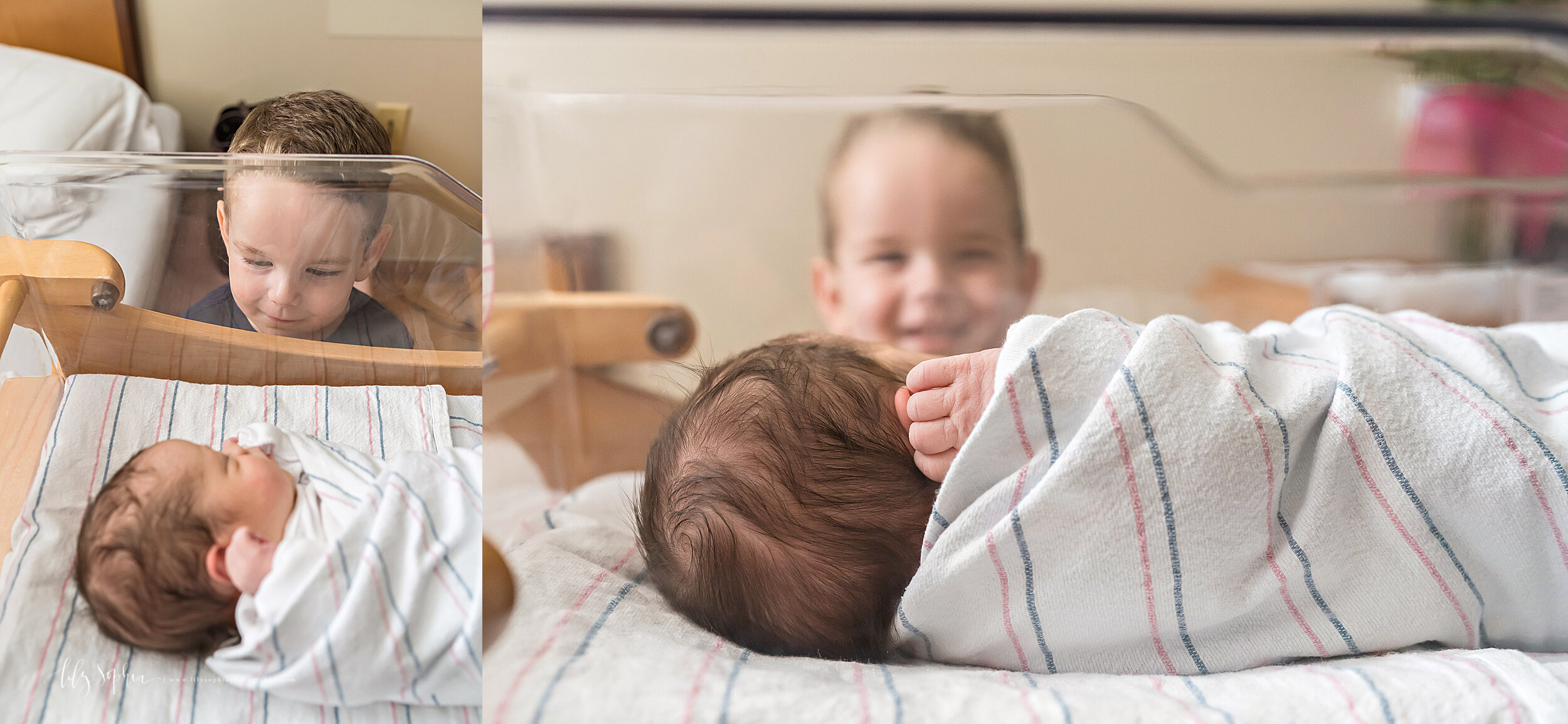  Split image newborn photo of an infant girl lying in her Atlanta hospital isolette as her big brother looks in and smiles at his sister. 