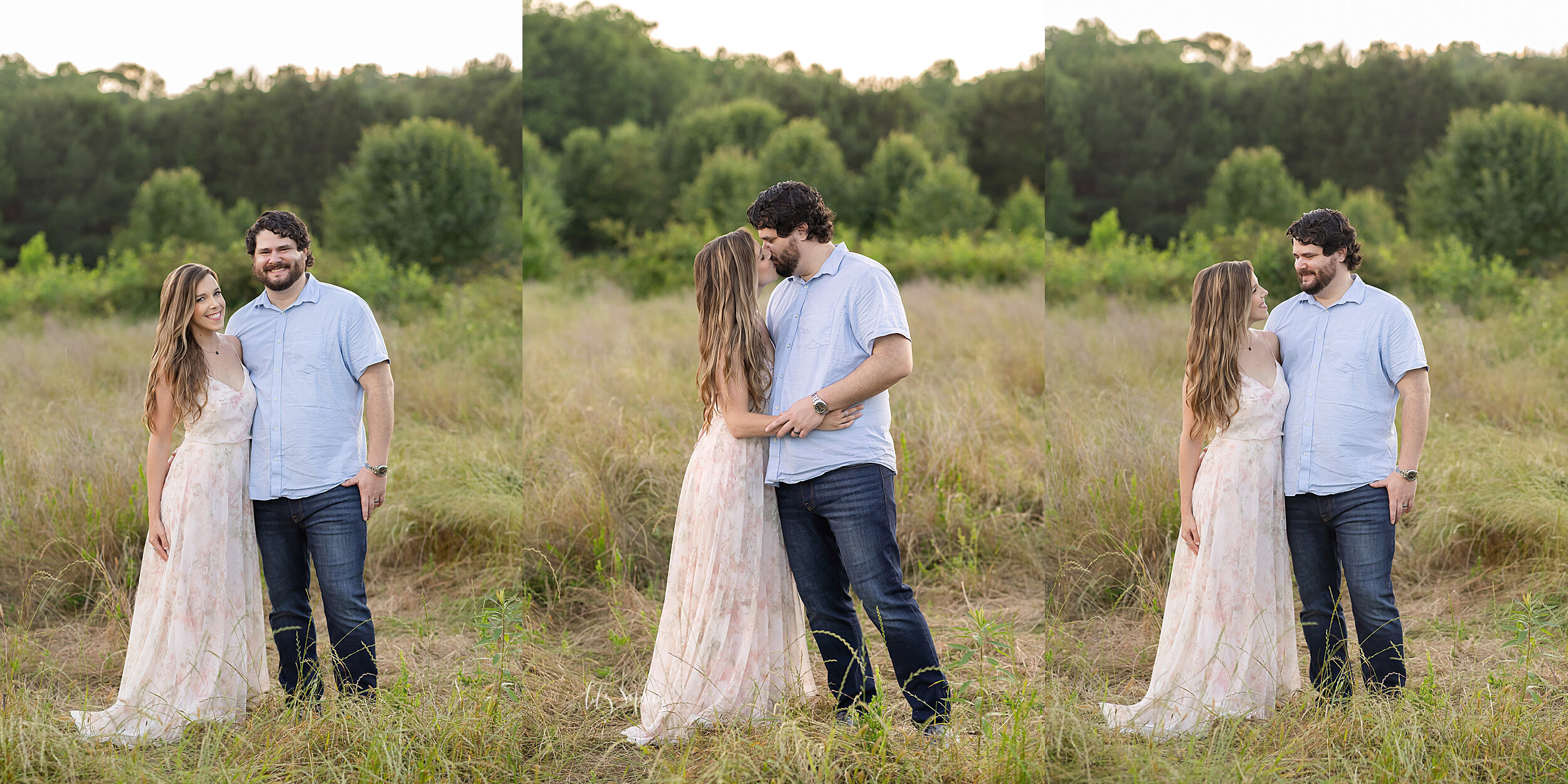  Tri-image family photo of a husband and wife standing in a field, kissing one another, and looking at one another at sunset during the summer near Atlanta. 