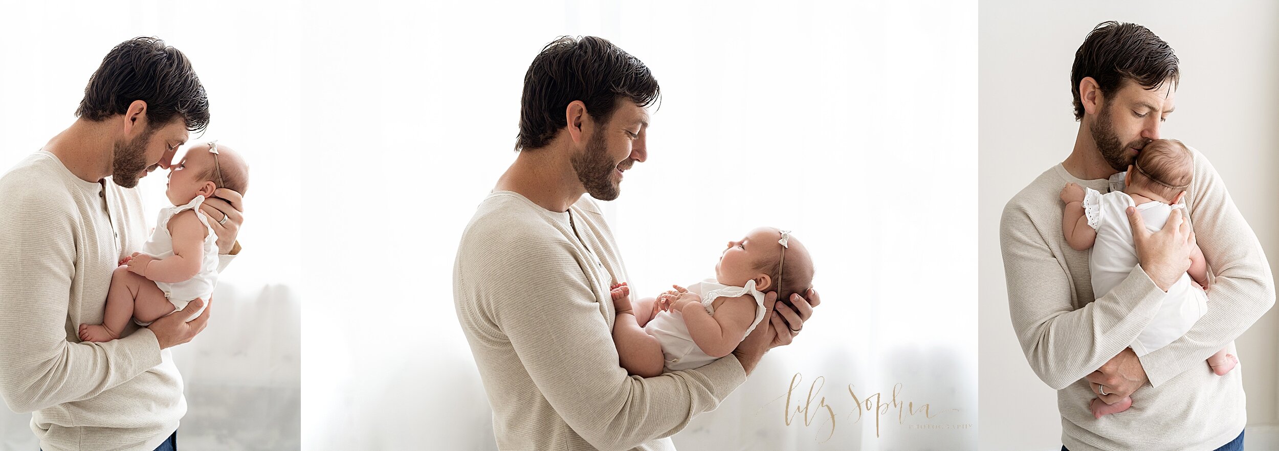  A tri-image family photo of a father spending time with his three month old daughter as he stands in front of a window streaming natural light and holds her and talks to her taken in Ponce City Market in Lily Sophia Photography Studios. 