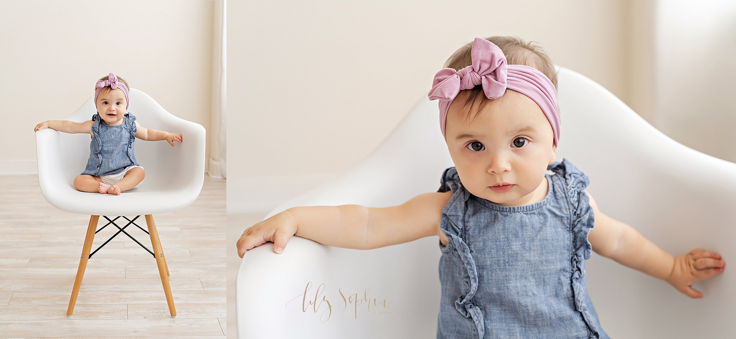  Split-image photo of a six-month old little girl as she sits in a white molded chair in a studio utilizing natural light near Kirkwood in Atlanta, Georgia. 