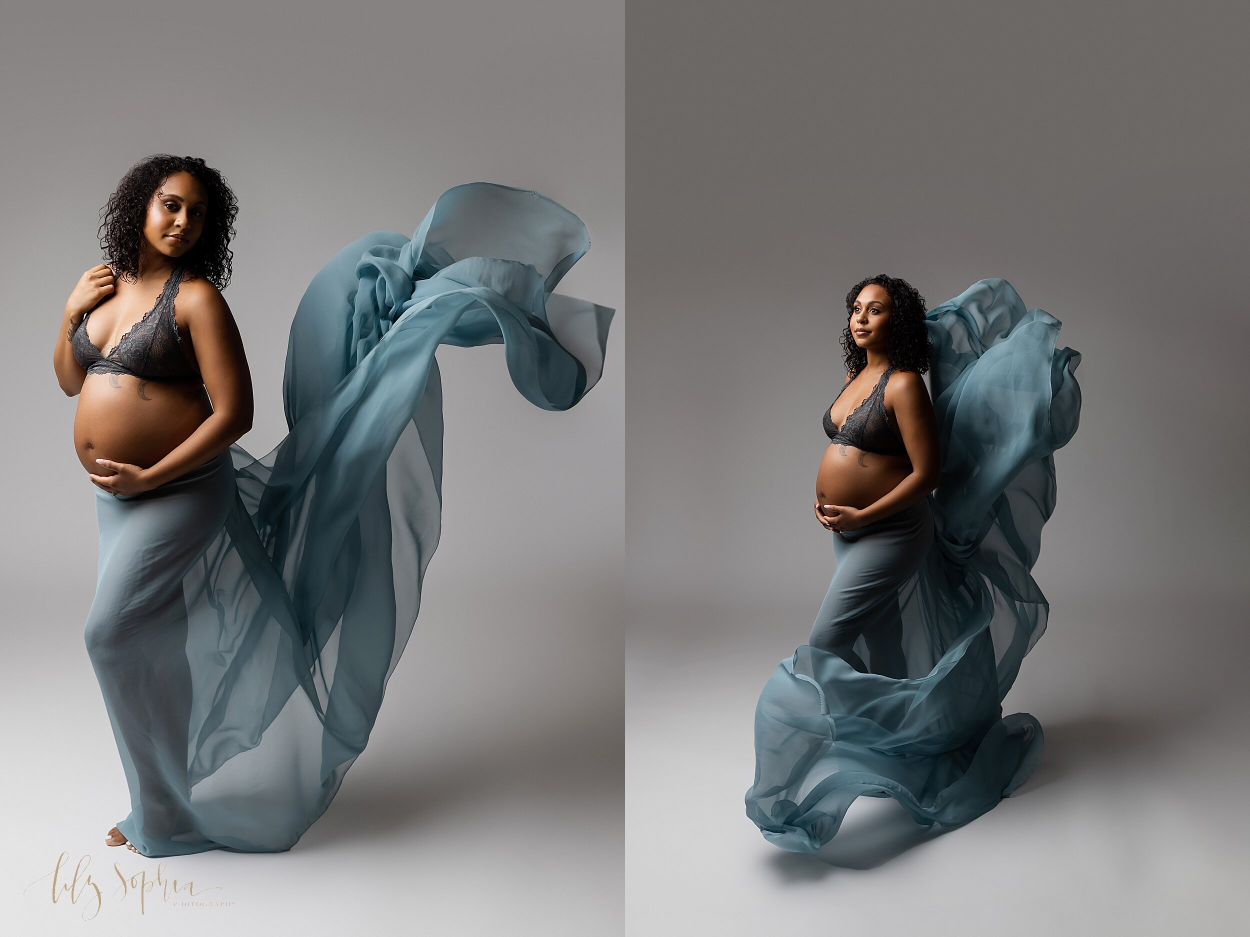  Fine art maternity image taken in Atlanta, Georgia at Lily Sophia Photography of a black pregnant woman in grey lace bra with blue chiffon fabric floating behind her. 