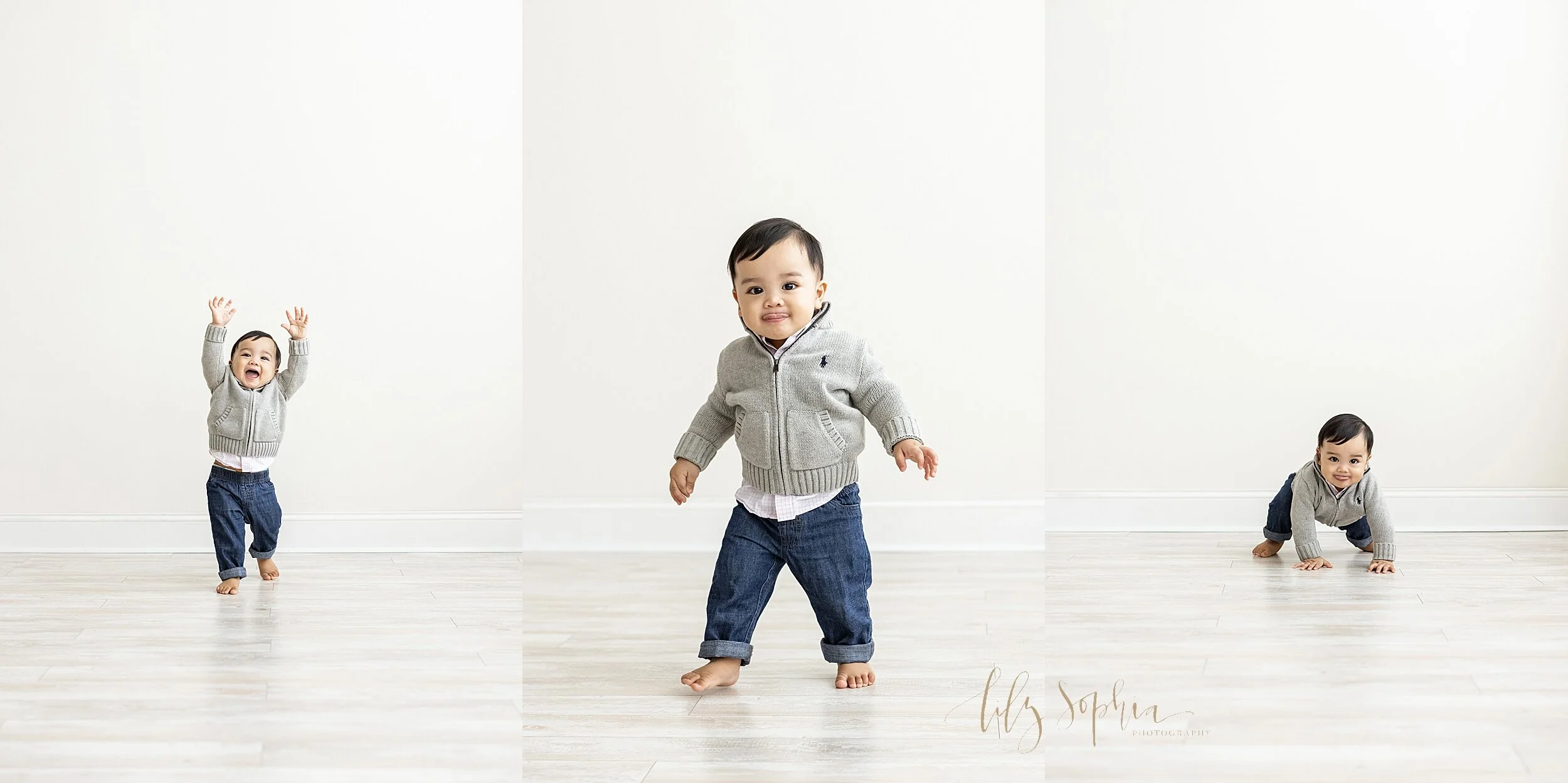  First birthday photo collage of a one-year old Asian boy as he raises his hands and walks in the studio, sticks out his tongue while concentrating to walk, and works to get up to a standing position taken in a natural light studio near Roswell in At