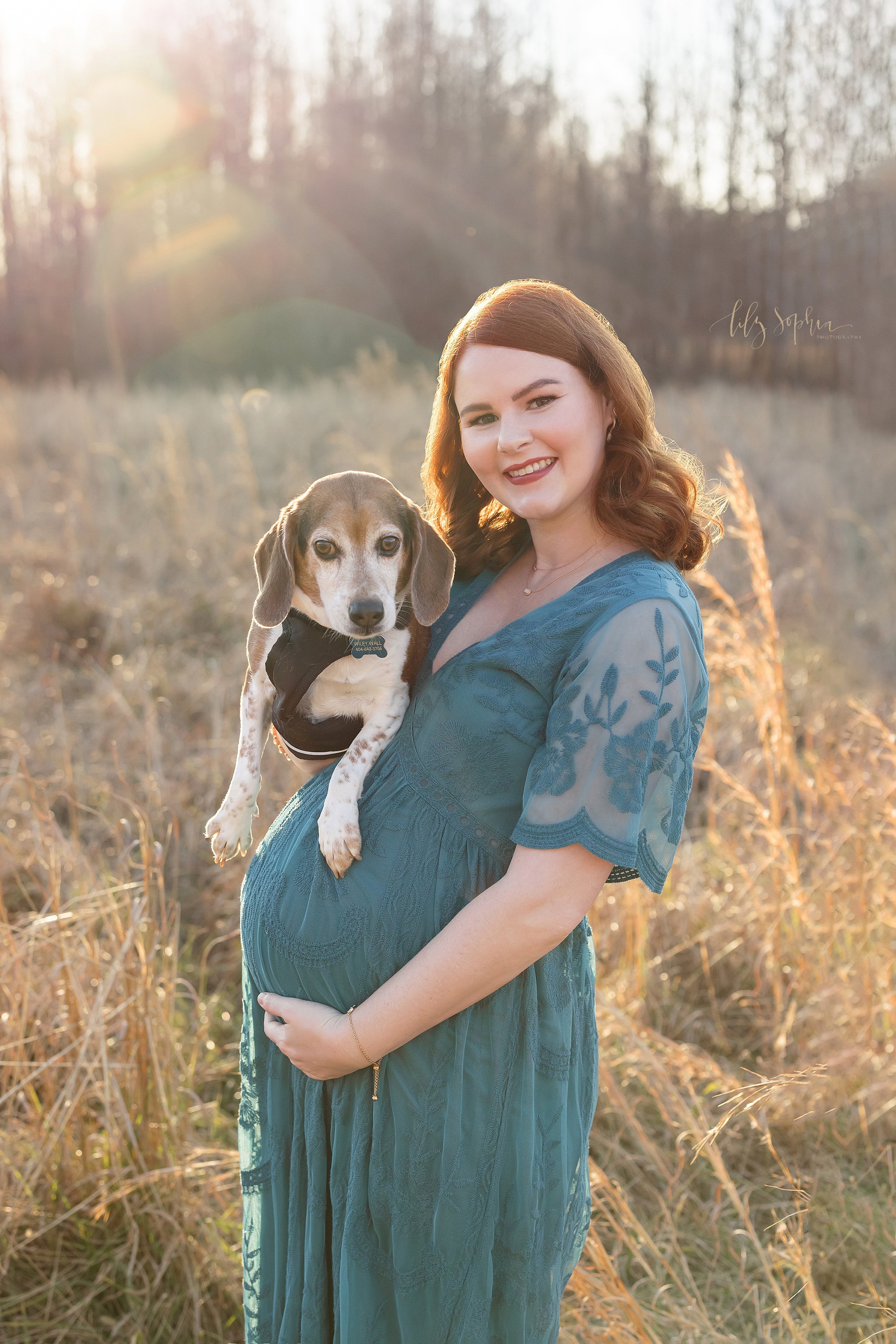  Maternity picture of an expectant red-headed mother as she stands in a field holding her beagle as the sun sets behind her during autumn in Atlanta.  
