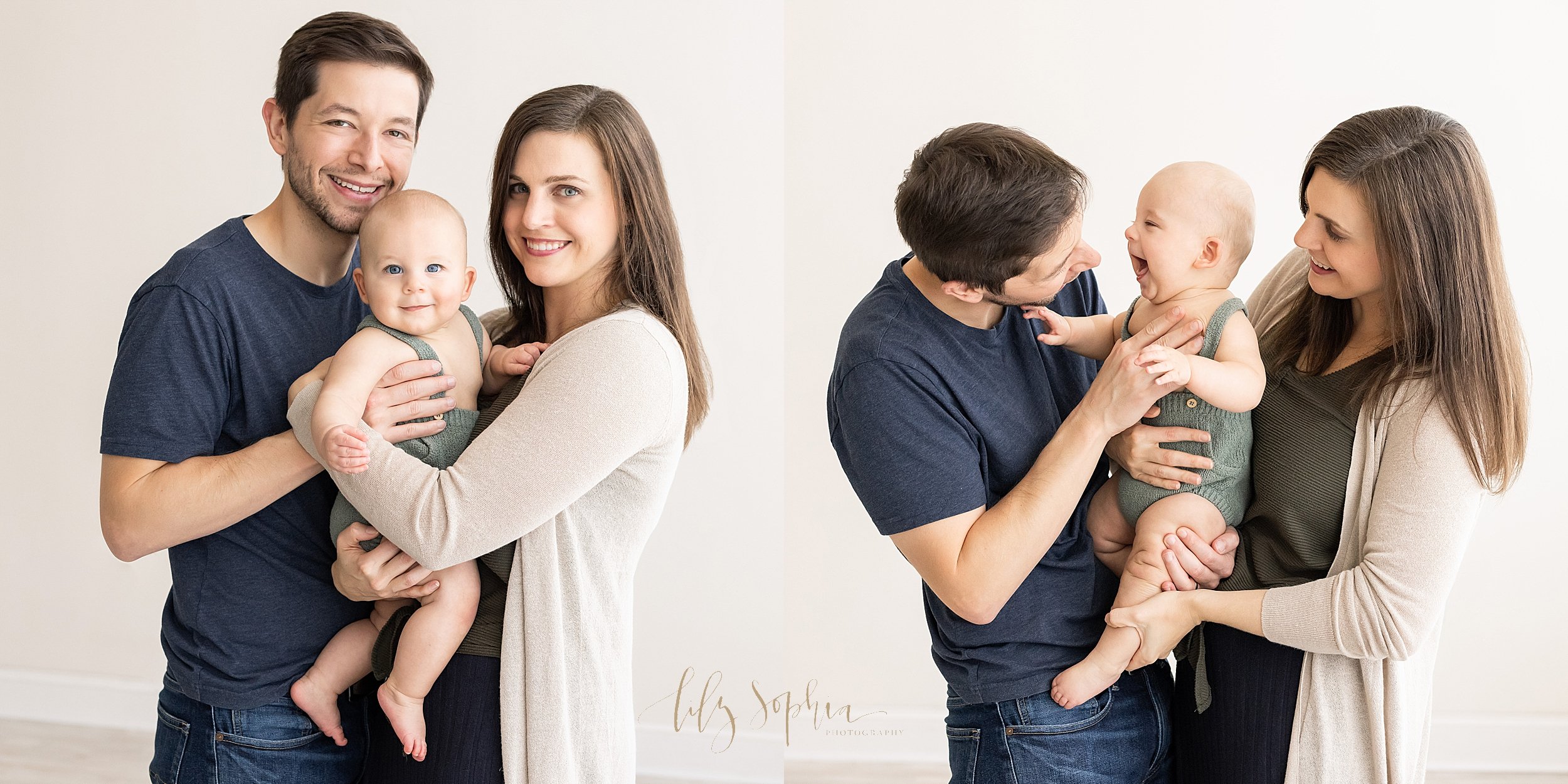  Baby and family photo collage of a mother and father with their six month old baby boy as they stand holding their son between them in a natural light studio near Brookhaven in Atlanta. 