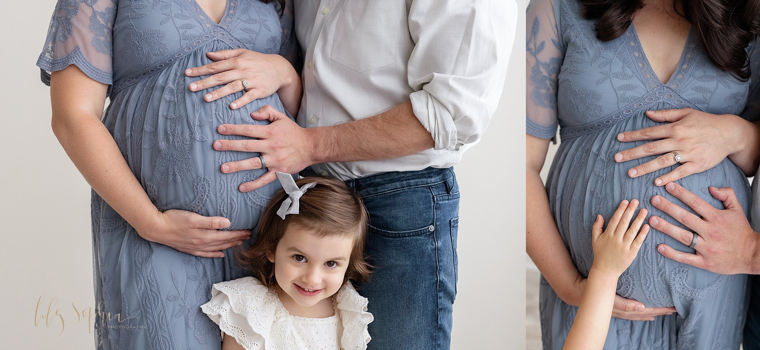  Split-image family maternity photograph of an expectant couple standing next to one another with their hands on their child in utero while their young daughter stands in front of them and a close-up of the mother’s belly with mom’s, dad’s and sister