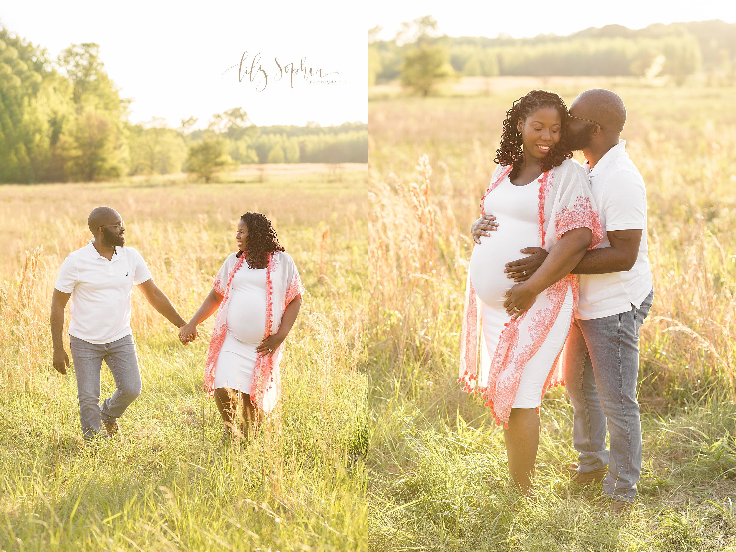  Split-image maternity photograph of an expectant African-American couple as they walk hand in hand talking and as they stand in a field with the husband behind his wife kissing her head and wrapping his arms around his wife’s waist taken as the sun 