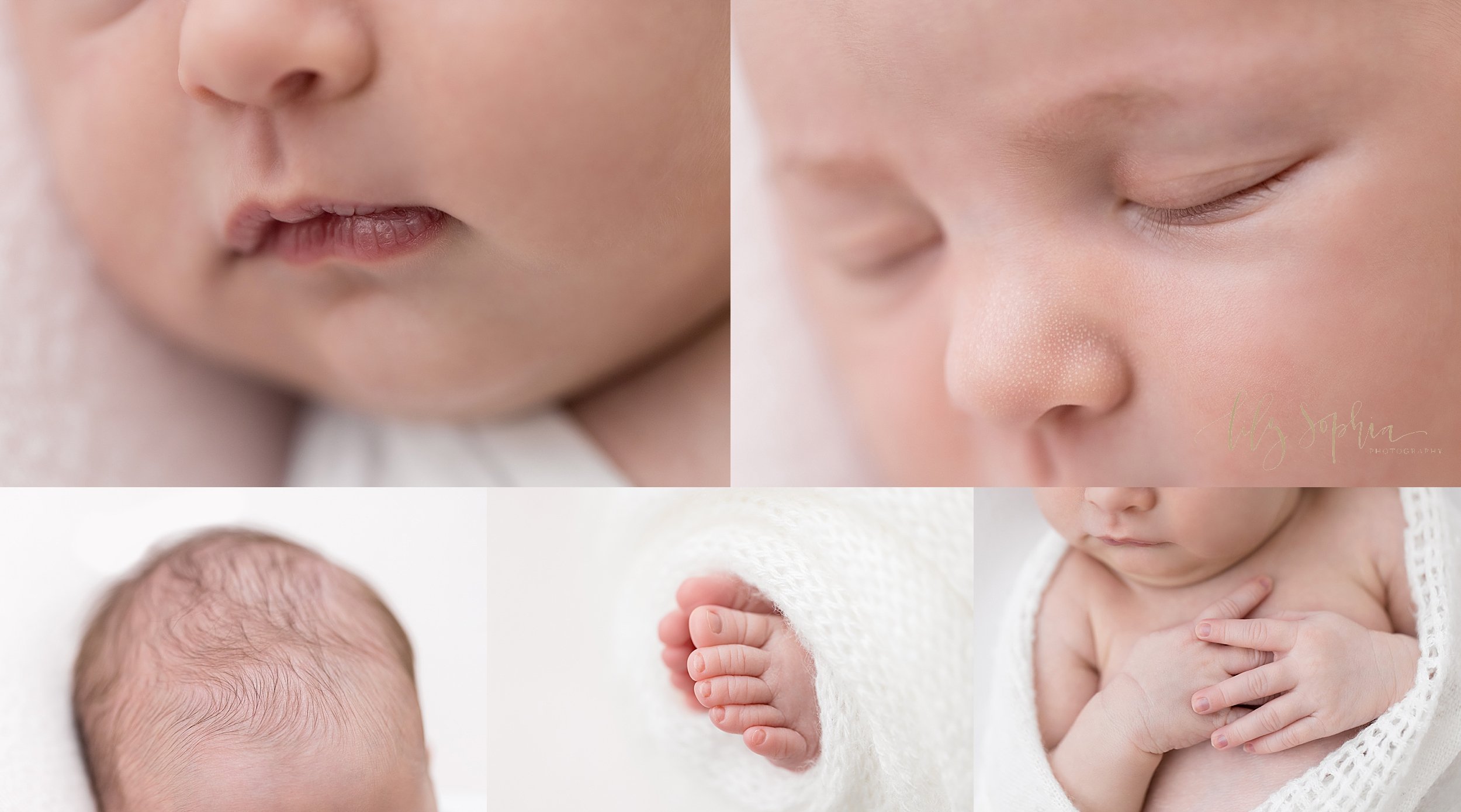  Newborn photo collage of the delicate features of an infant girl — her milky lips, delicate eyelashes, wispy hair, tiny toes, and dainty fingers — taken in a natural light studio near Old Fourth Ward in Atlanta. 