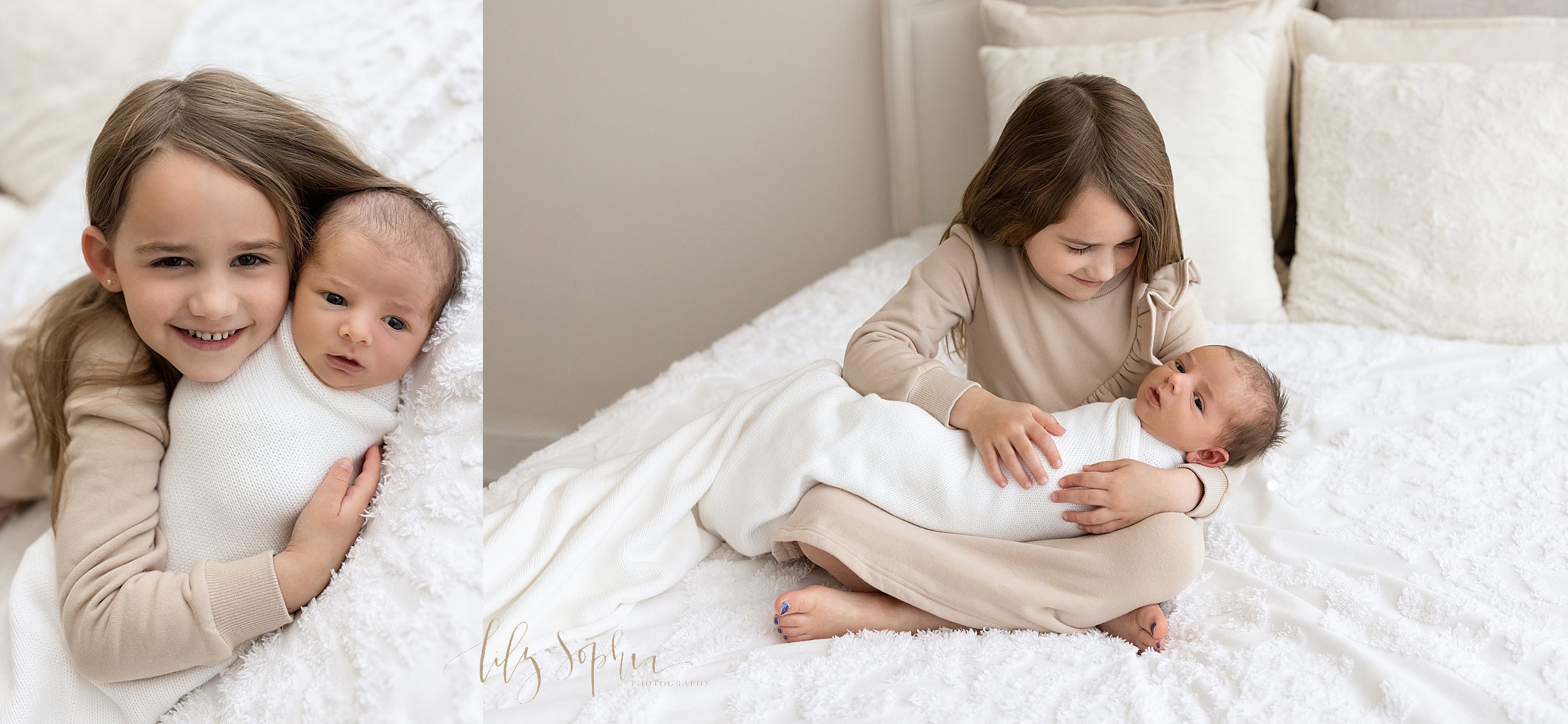  Newborn sibling collage of an awake newborn swaddled to his chin with a white blanket lying on a bed as his older sister lies next to him and hugs him and his older sister holding him on her lap as she sits cross legged on top of a bed taken in natu
