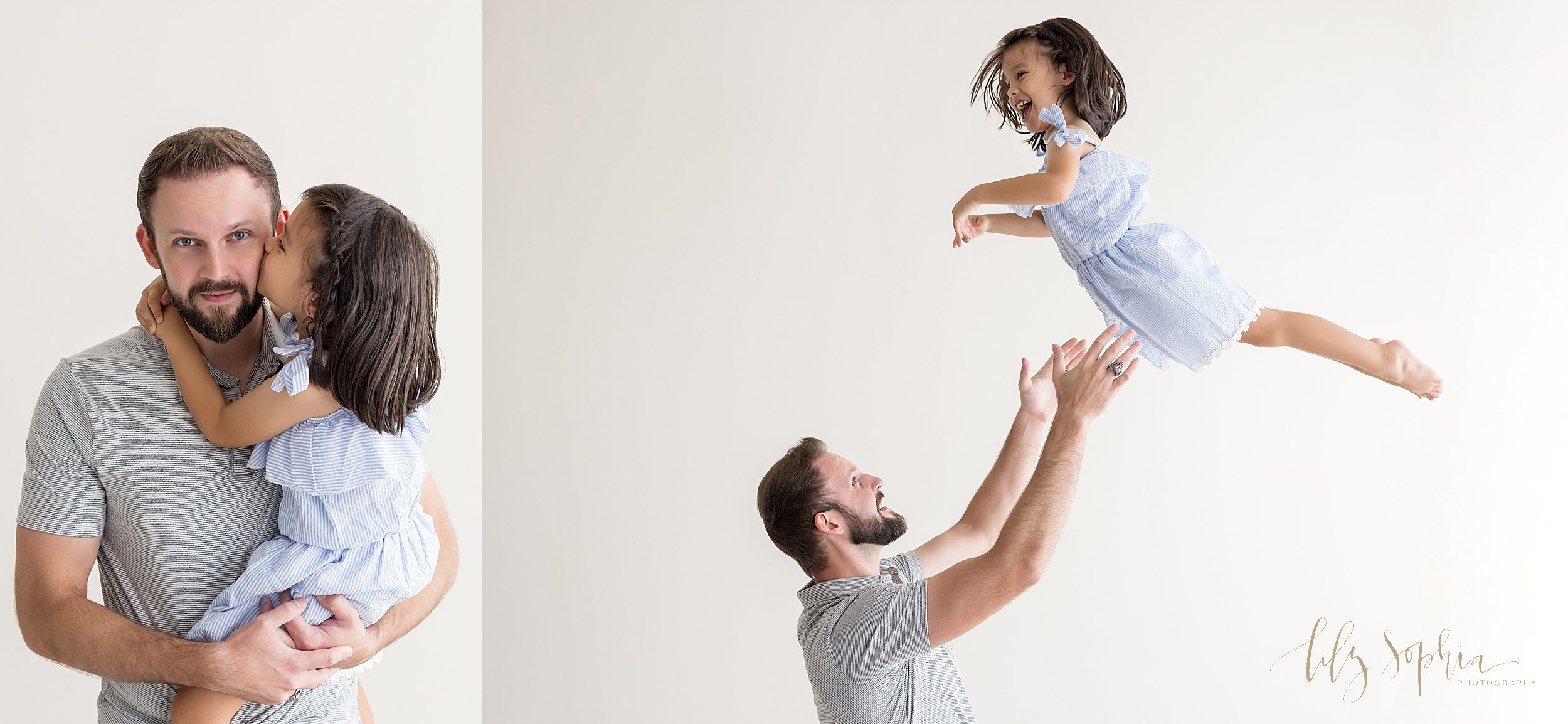  Split-image family daddy and daughter photograph of a father holding his four year old daughter in his arms as she kisses his cheek and a father throwing his four year old daughter up into the air so she flies taken in a studio near Kirkwood in Atla