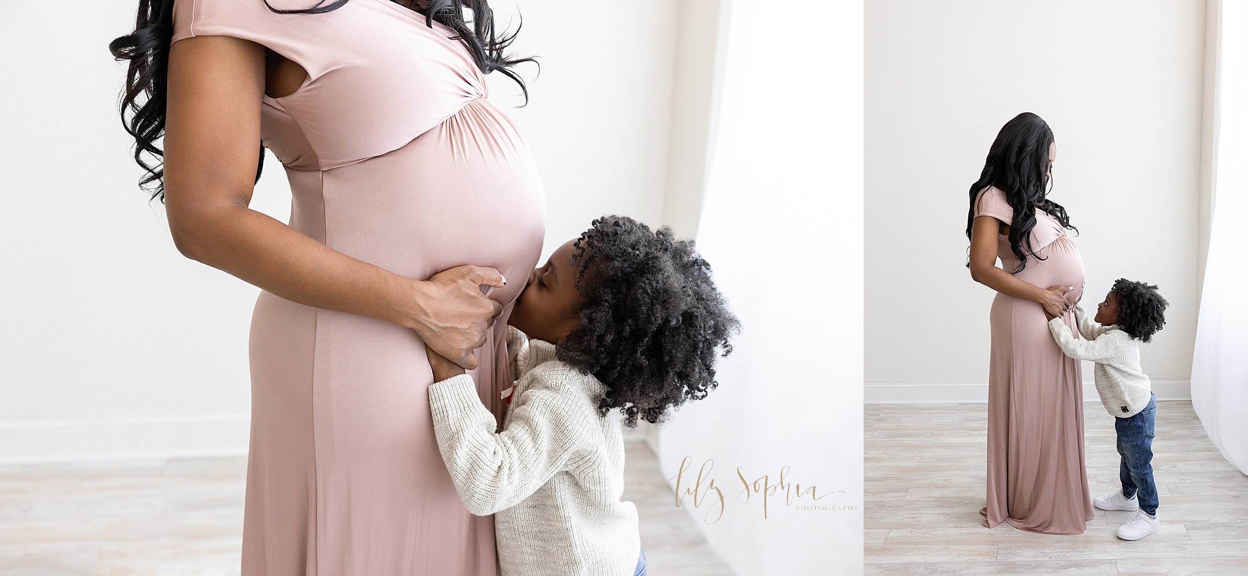  Split image family maternity photograph of an African-American mother wearing a jersey knit gown standing facing a window streaming natural light with her young son in front of her talking to his sibling in utero and kissing his sibling in utero tak