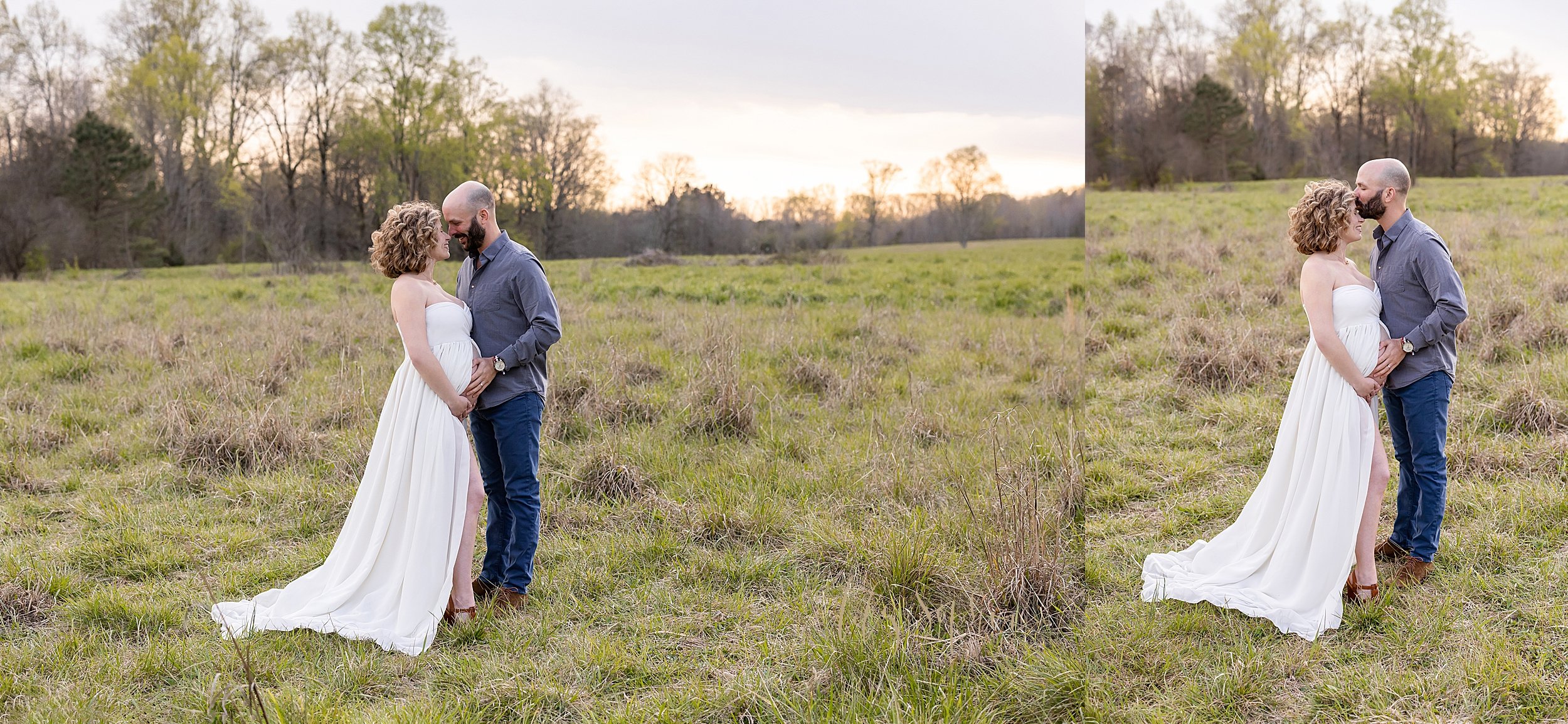  Split image maternity photo of an expectant couple as they stand at sunset during winter in a field near Atlanta as they face each other and her husband kisses his wife’s forehead as the couple hold their child in utero. 