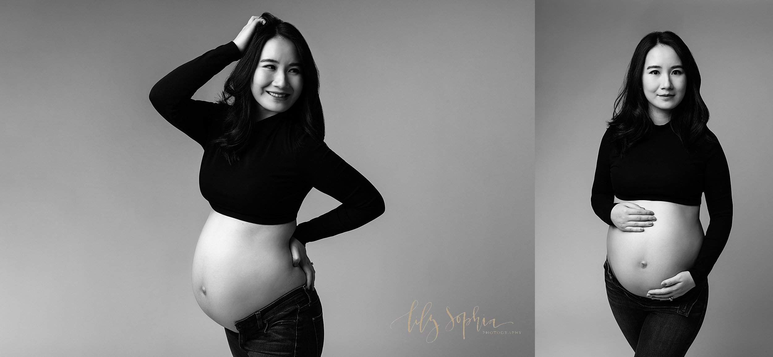  Modern maternity collage photo of an Asian expectant mother as she bares her belly wearing jeans that are unzipped and a midriff long-sleeved turtleneck as she she stands with her right hand on her hip and her left hand on her head while looking ove