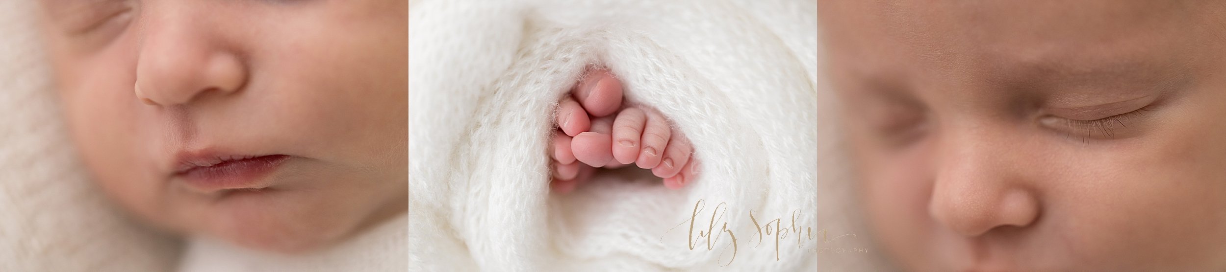  Newborn collage of the delicate features of a newborn baby  boy — his button nose and puckered lips, his tiny toes peeking out from a blanket, and his wispy eyelashes taken in a natural light studio near Buckhead in Atlanta. 