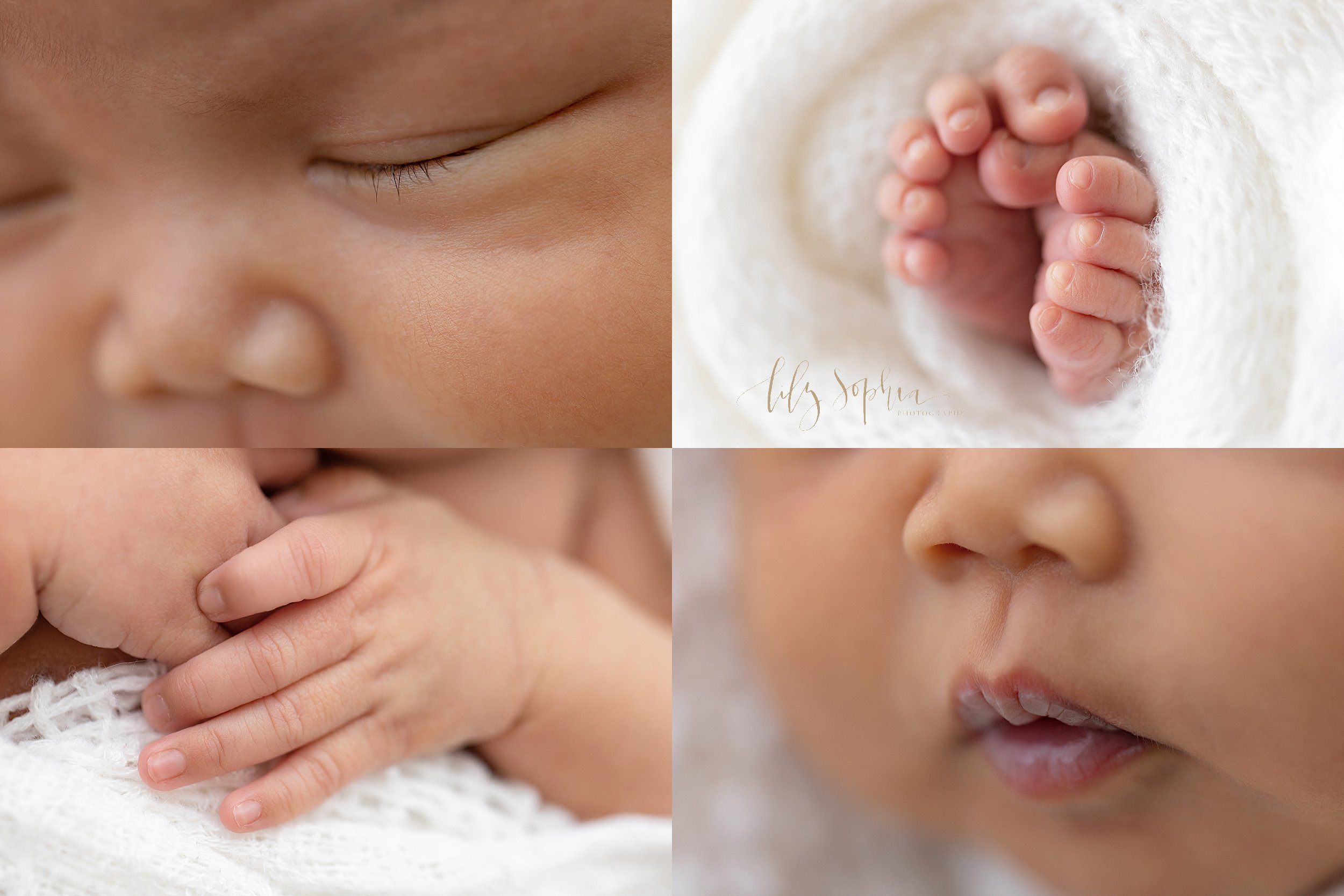  Newborn photo collage of the delicate features of a newborn baby girl, her button nose, her tiny toes, her delicate fingers and her milky lips taken in a natural light studio near Ansley Park in Atlanta, Georgia. 