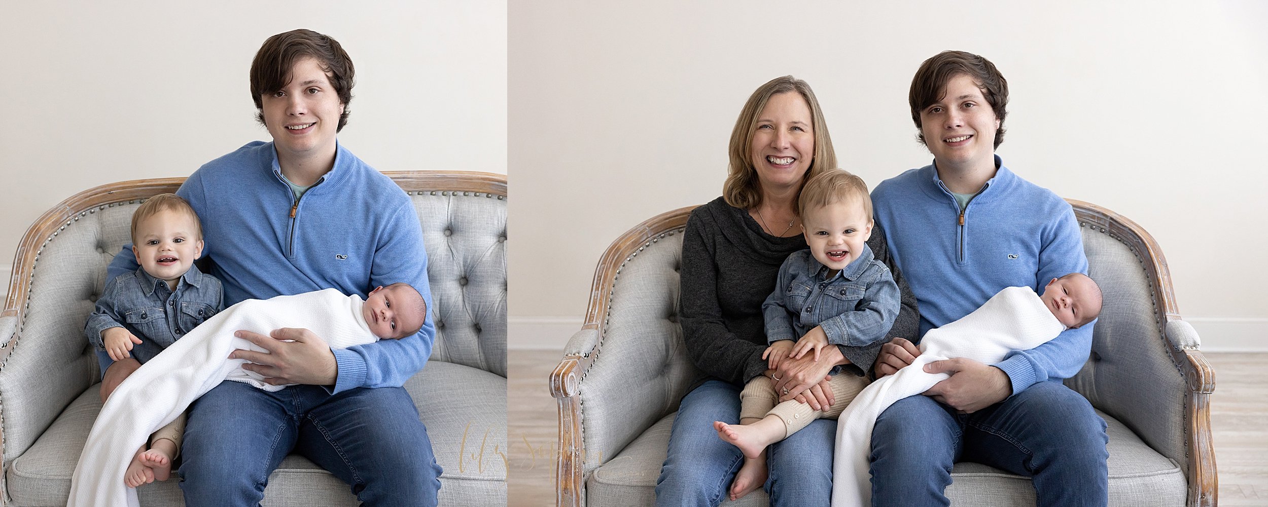  Split-image newborn photo of a father holding his awake newborn son on his lap while holding his young son next to him on his right side as they sit on a tufted sofa and an intergenerational photo of a father with his two sons and his mother sitting