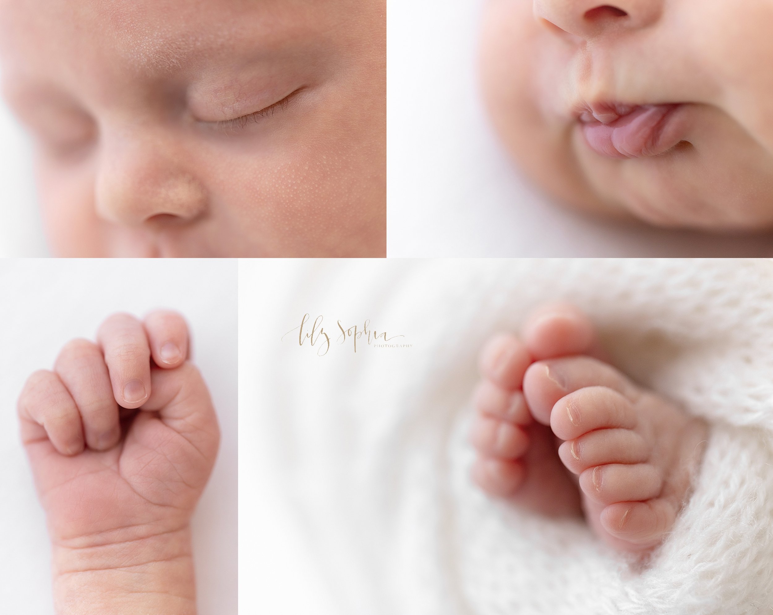  Newborn photo collage of the delicate features of a newborn baby girl, her wispy eyelashes and button nose, her pouty and milky lips, her fist, and her tiny toes taken using natural light in a studio near Oakhurst in Atlanta. 