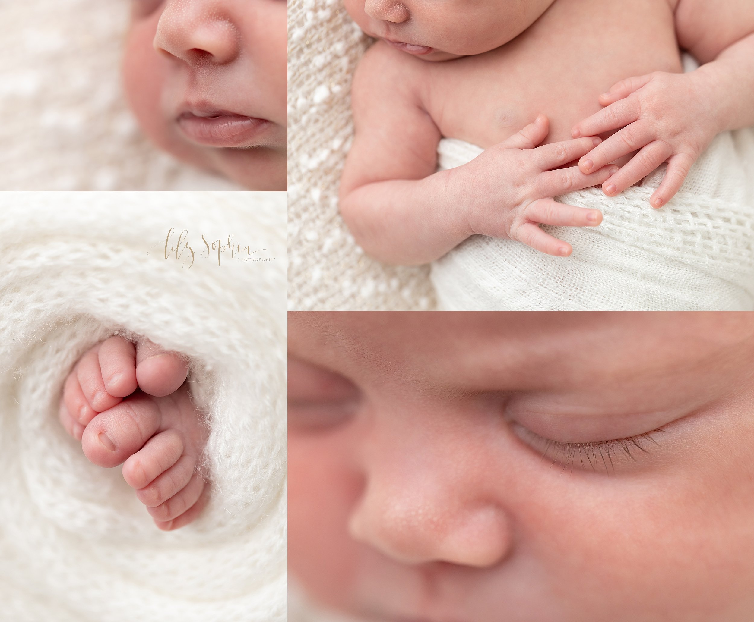  Newborn photo collage of the features of an infant girl, her pouty lips, her tiny toes, her dainty fingers and her wispy eyelashes, taken in a natural light studio near Poncey Highlands in Atlanta, Georgia. 