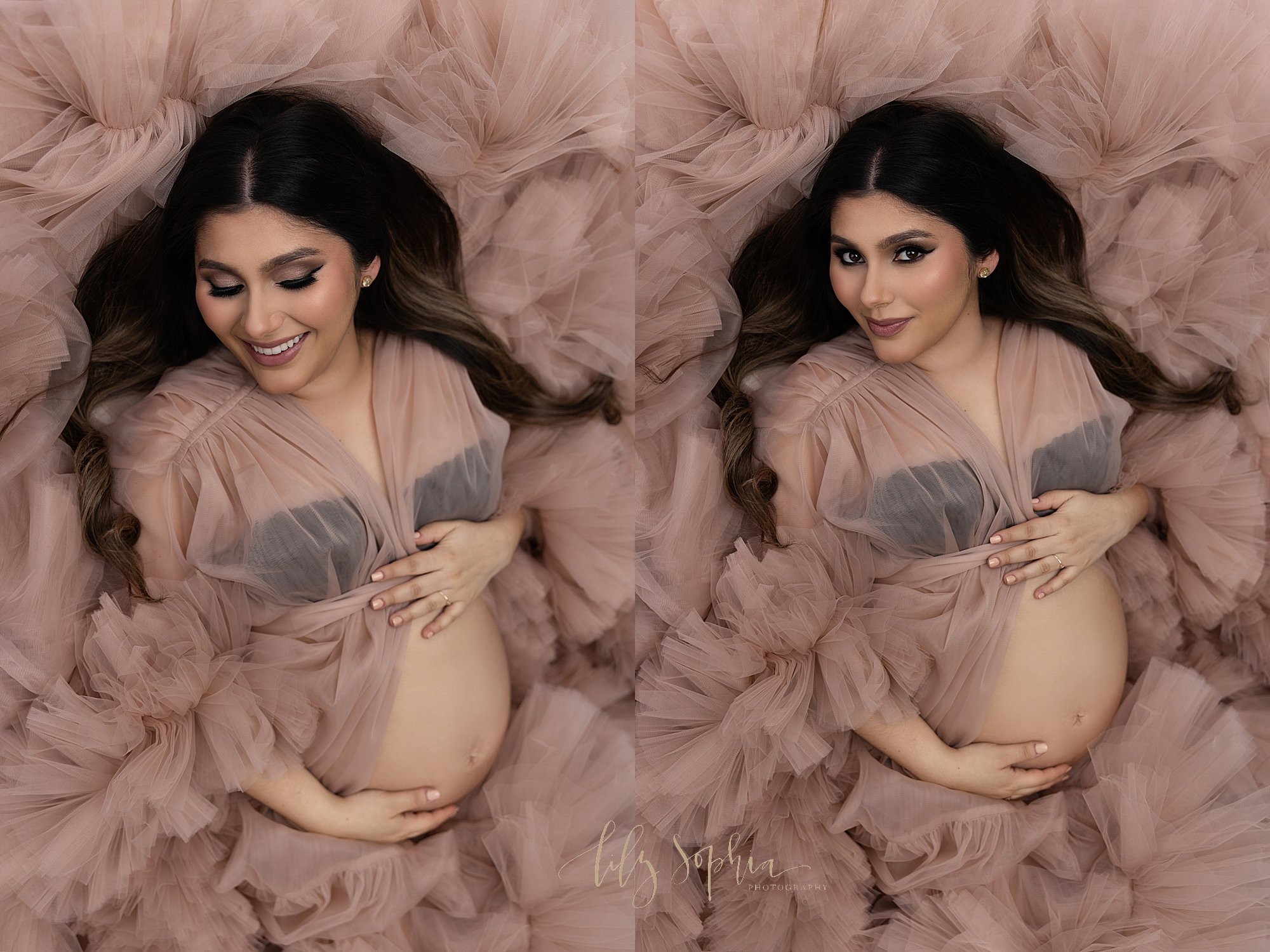  Modern maternity split photo of a pregnant mother wearing a black bandeau bra and a sheer full-length flouncy jacket as she lays with her right hand holding the base of her belly and her left hand on the top of her belly looking over her right shoul