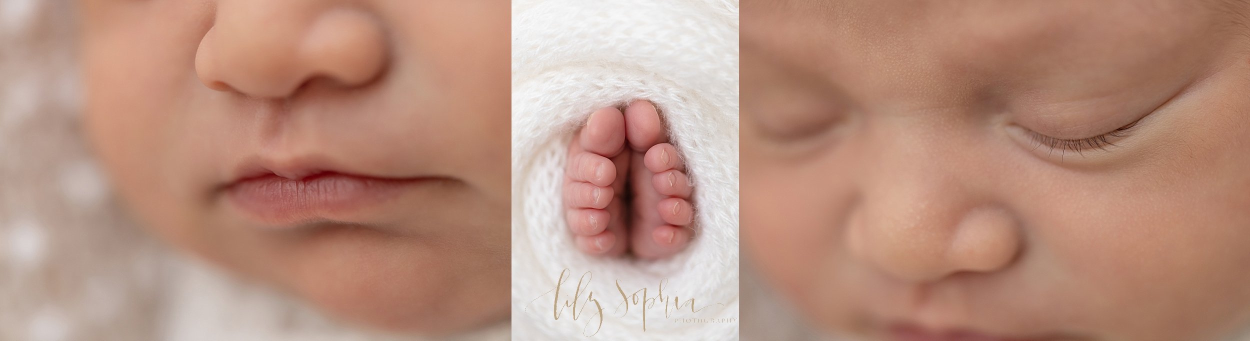  Photo collage of the delicate features of a newborn baby girl her milky lips, tiny toes, and wispy eye lashes taken using natural light in a studio near Sandy Springs in Atlanta. 