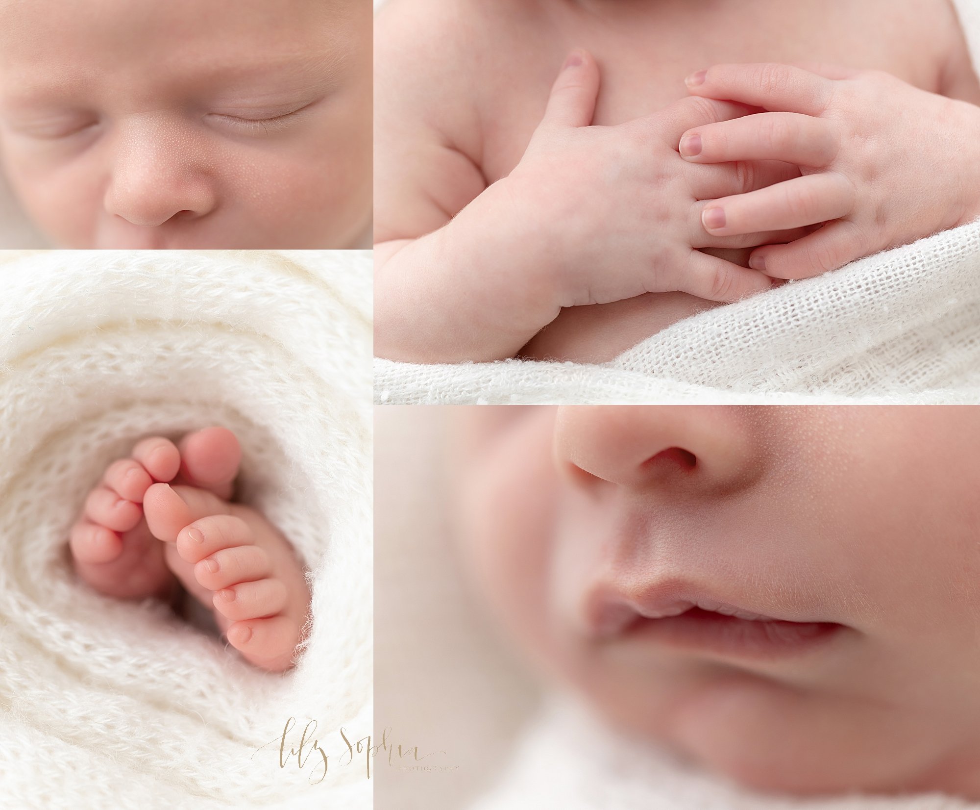  Newborn photo collage of the features of a newborn baby boy —his button nose, his tiny toes peeking out from a soft white crocheted blanket, his hands folded over his chest and his milky lips taken near Sandy Springs in Atlanta in a natural light st