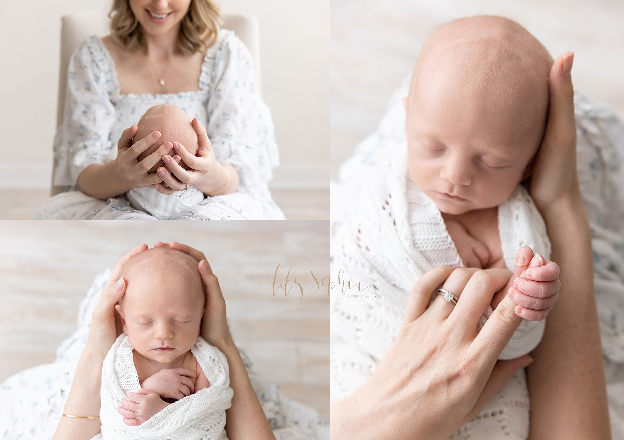  Newborn photo collage of a mother holding her newborn son’s head in her hands as she sits with him on her lap and as he holds onto her left index finger taken in a natural light studio near Brookhaven in Atlanta, Georgia. 