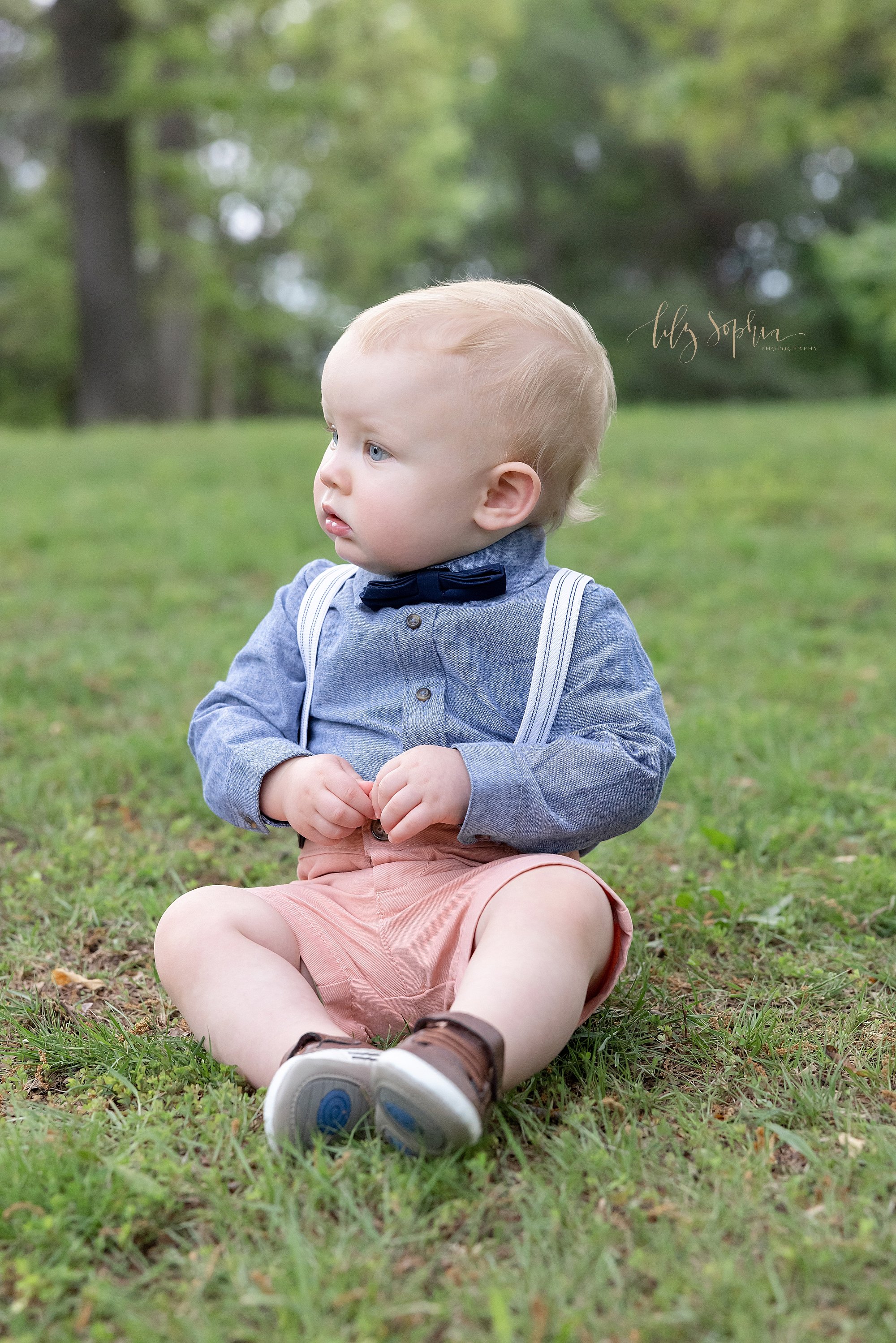  Toddler portrait of a little boy wearing a blue button down shirt, a blue bow tie and striped suspenders to hold up his peach colored shorts as he sits in an Atlanta park at sunset while turning his head to the right. 