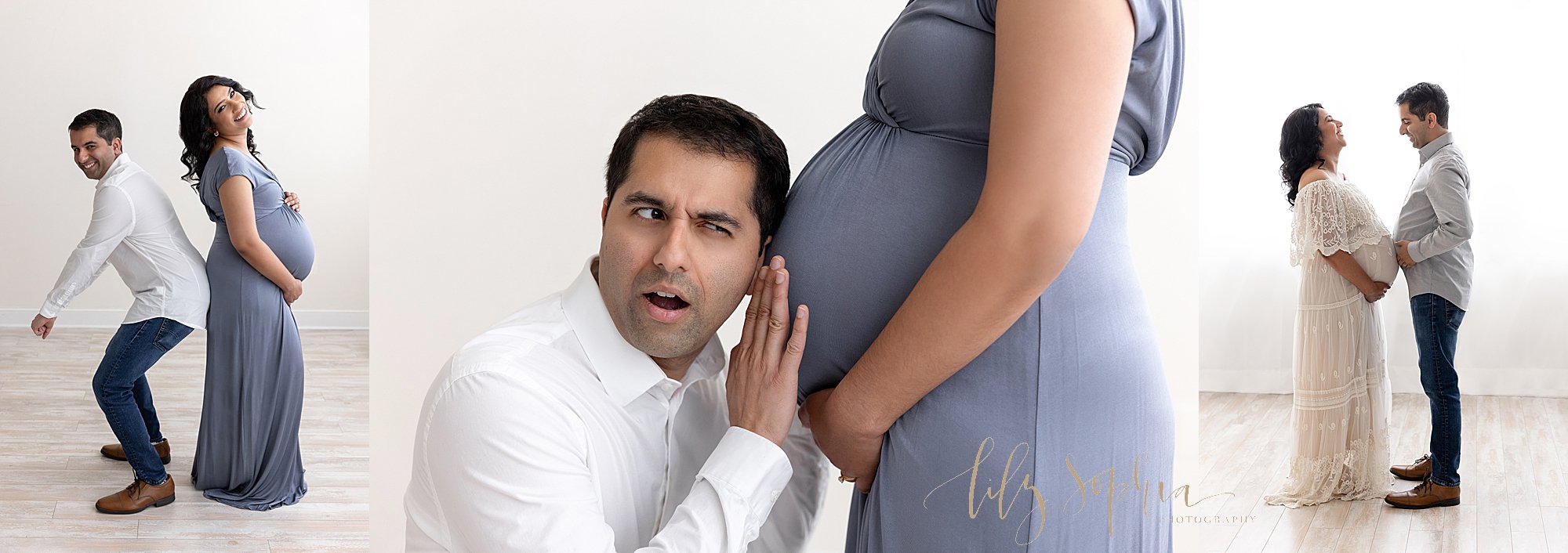  Humorous maternity photo collage of an expectant mother and father with mom framing her pregnant belly as her husband stands behind her with his behind against hers, with dad kneeling in front of mom who is holding the base of her belly as he places