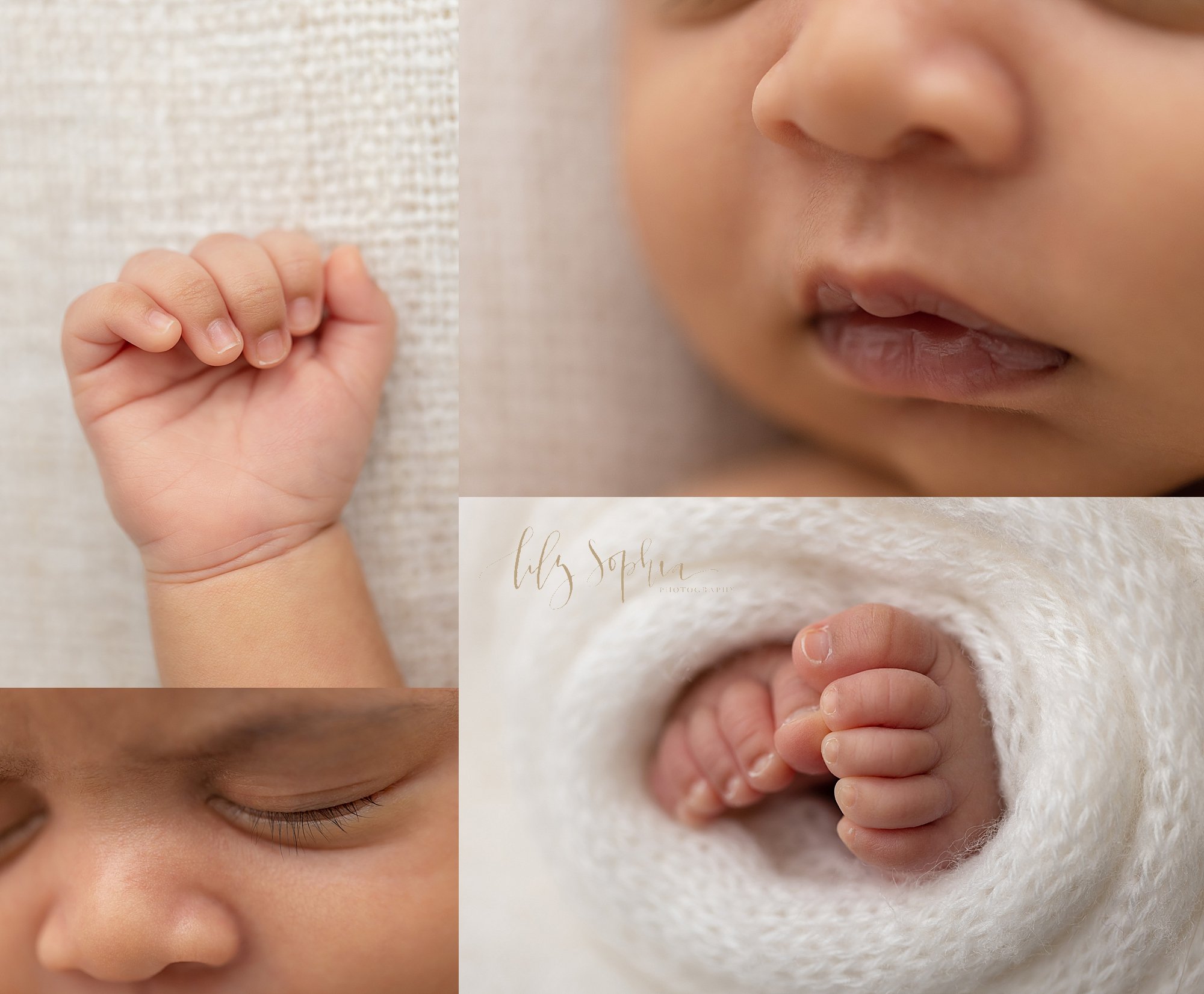  Newborn picture collage of the delicate features of a newborn baby boy, his hand and fingers, his milky lips, his wispy eyelashes, and his tiny toes peeking out from a soft white blanket taken in a natural light studio near Decatur in Atlanta. 